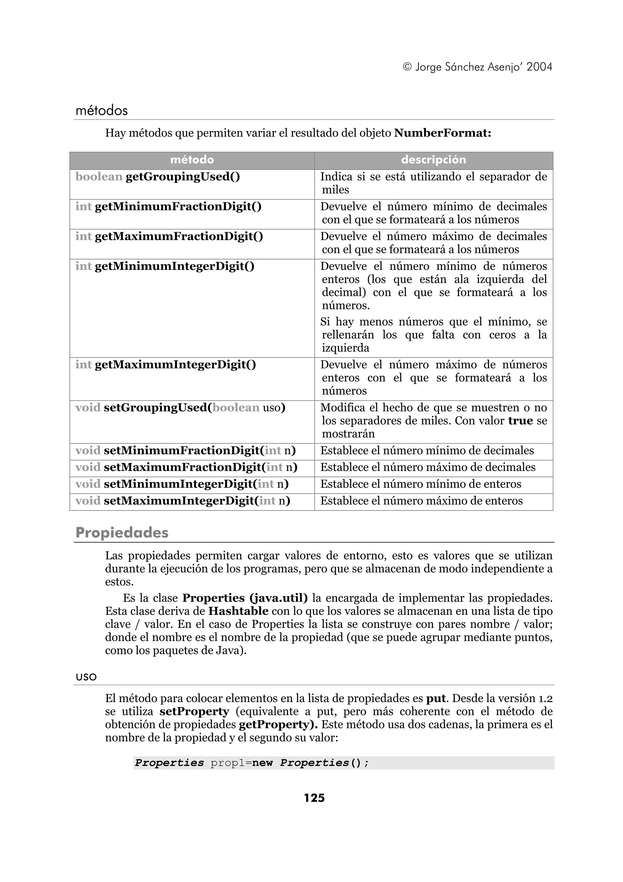 © Jorge Sánchez Asenjo’ 2004


métodos
      Hay métodos que permiten variar el resultado del objeto NumberFormat:

               método                                           descripción
boolean getGroupingUsed()                       Indica si se está utilizando el separador de
                                                miles
int getMinimumFractionDigit()                   Devuelve el número mínimo de decimales
                                                con el que se formateará a los números
int getMaximumFractionDigit()                   Devuelve el número máximo de decimales
                                                con el que se formateará a los números
int getMinimumIntegerDigit()                    Devuelve el número mínimo de números
                                                enteros (los que están ala izquierda del
                                                decimal) con el que se formateará a los
                                                números.
                                                Si hay menos números que el mínimo, se
                                                rellenarán los que falta con ceros a la
                                                izquierda
int getMaximumIntegerDigit()                    Devuelve el número máximo de números
                                                enteros con el que se formateará a los
                                                números
void setGroupingUsed(boolean uso)               Modifica el hecho de que se muestren o no
                                                los separadores de miles. Con valor true se
                                                mostrarán
void setMinimumFractionDigit(int n)             Establece el número mínimo de decimales
void setMaximumFractionDigit(int n)             Establece el número máximo de decimales
void setMinimumIntegerDigit(int n)              Establece el número mínimo de enteros
void setMaximumIntegerDigit(int n)              Establece el número máximo de enteros

Propiedades
      Las propiedades permiten cargar valores de entorno, esto es valores que se utilizan
      durante la ejecución de los programas, pero que se almacenan de modo independiente a
      estos.
          Es la clase Properties (java.util) la encargada de implementar las propiedades.
      Esta clase deriva de Hashtable con lo que los valores se almacenan en una lista de tipo
      clave / valor. En el caso de Properties la lista se construye con pares nombre / valor;
      donde el nombre es el nombre de la propiedad (que se puede agrupar mediante puntos,
      como los paquetes de Java).

uso
      El método para colocar elementos en la lista de propiedades es put. Desde la versión 1.2
      se utiliza setProperty (equivalente a put, pero más coherente con el método de
      obtención de propiedades getProperty). Este método usa dos cadenas, la primera es el
      nombre de la propiedad y el segundo su valor:

           Properties prop1=new Properties();


                                            125
 