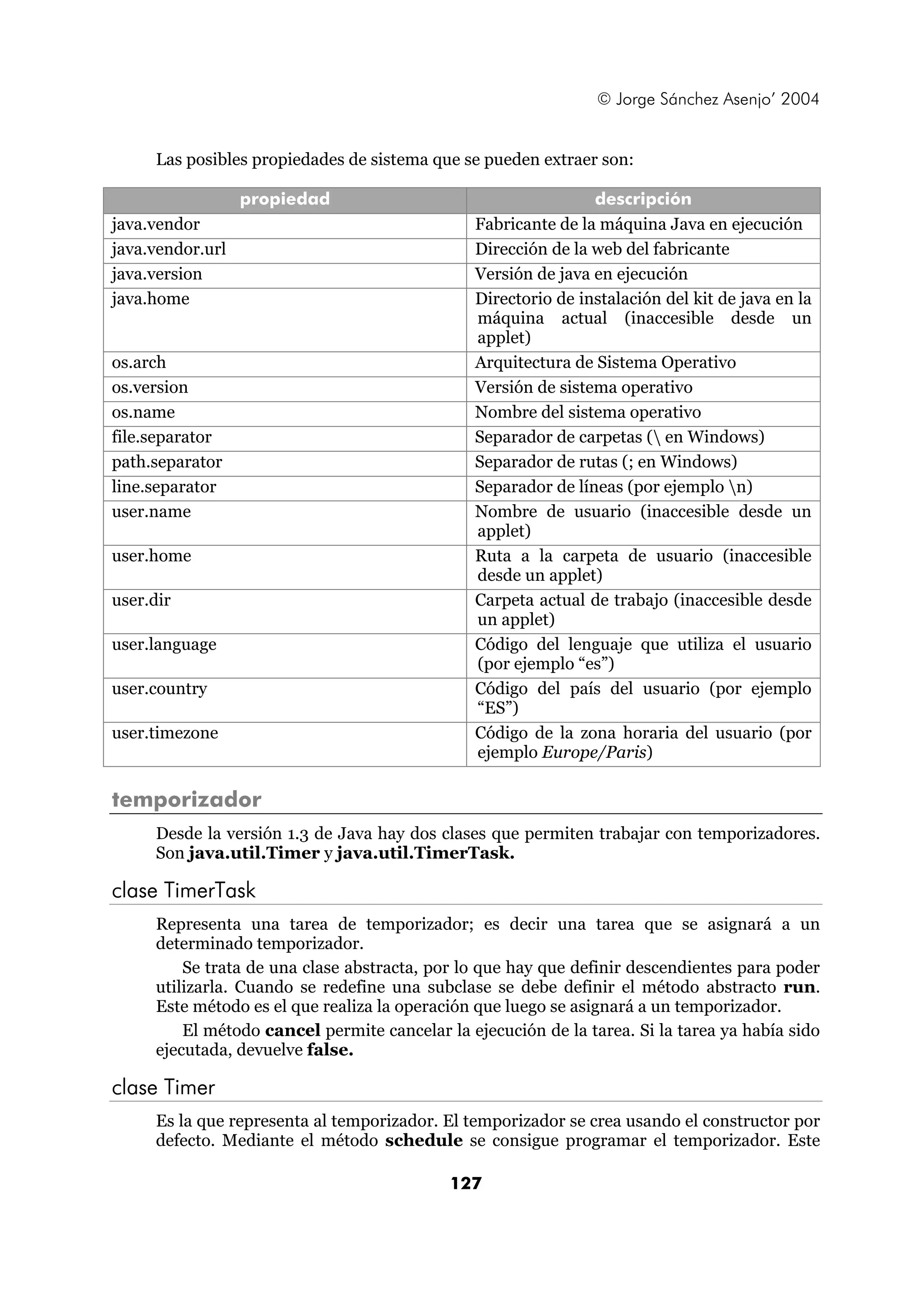 © Jorge Sánchez Asenjo’ 2004


     Las posibles propiedades de sistema que se pueden extraer son:

                  propiedad                                    descripción
java.vendor                                    Fabricante de la máquina Java en ejecución
java.vendor.url                                Dirección de la web del fabricante
java.version                                   Versión de java en ejecución
java.home                                      Directorio de instalación del kit de java en la
                                               máquina actual (inaccesible desde un
                                               applet)
os.arch                                        Arquitectura de Sistema Operativo
os.version                                     Versión de sistema operativo
os.name                                        Nombre del sistema operativo
file.separator                                 Separador de carpetas ( en Windows)
path.separator                                 Separador de rutas (; en Windows)
line.separator                                 Separador de líneas (por ejemplo n)
user.name                                      Nombre de usuario (inaccesible desde un
                                               applet)
user.home                                      Ruta a la carpeta de usuario (inaccesible
                                               desde un applet)
user.dir                                       Carpeta actual de trabajo (inaccesible desde
                                               un applet)
user.language                                  Código del lenguaje que utiliza el usuario
                                               (por ejemplo “es”)
user.country                                   Código del país del usuario (por ejemplo
                                               “ES”)
user.timezone                                  Código de la zona horaria del usuario (por
                                               ejemplo Europe/Paris)

temporizador
     Desde la versión 1.3 de Java hay dos clases que permiten trabajar con temporizadores.
     Son java.util.Timer y java.util.TimerTask.

clase TimerTask
     Representa una tarea de temporizador; es decir una tarea que se asignará a un
     determinado temporizador.
         Se trata de una clase abstracta, por lo que hay que definir descendientes para poder
     utilizarla. Cuando se redefine una subclase se debe definir el método abstracto run.
     Este método es el que realiza la operación que luego se asignará a un temporizador.
         El método cancel permite cancelar la ejecución de la tarea. Si la tarea ya había sido
     ejecutada, devuelve false.

clase Timer
     Es la que representa al temporizador. El temporizador se crea usando el constructor por
     defecto. Mediante el método schedule se consigue programar el temporizador. Este

                                            127
 