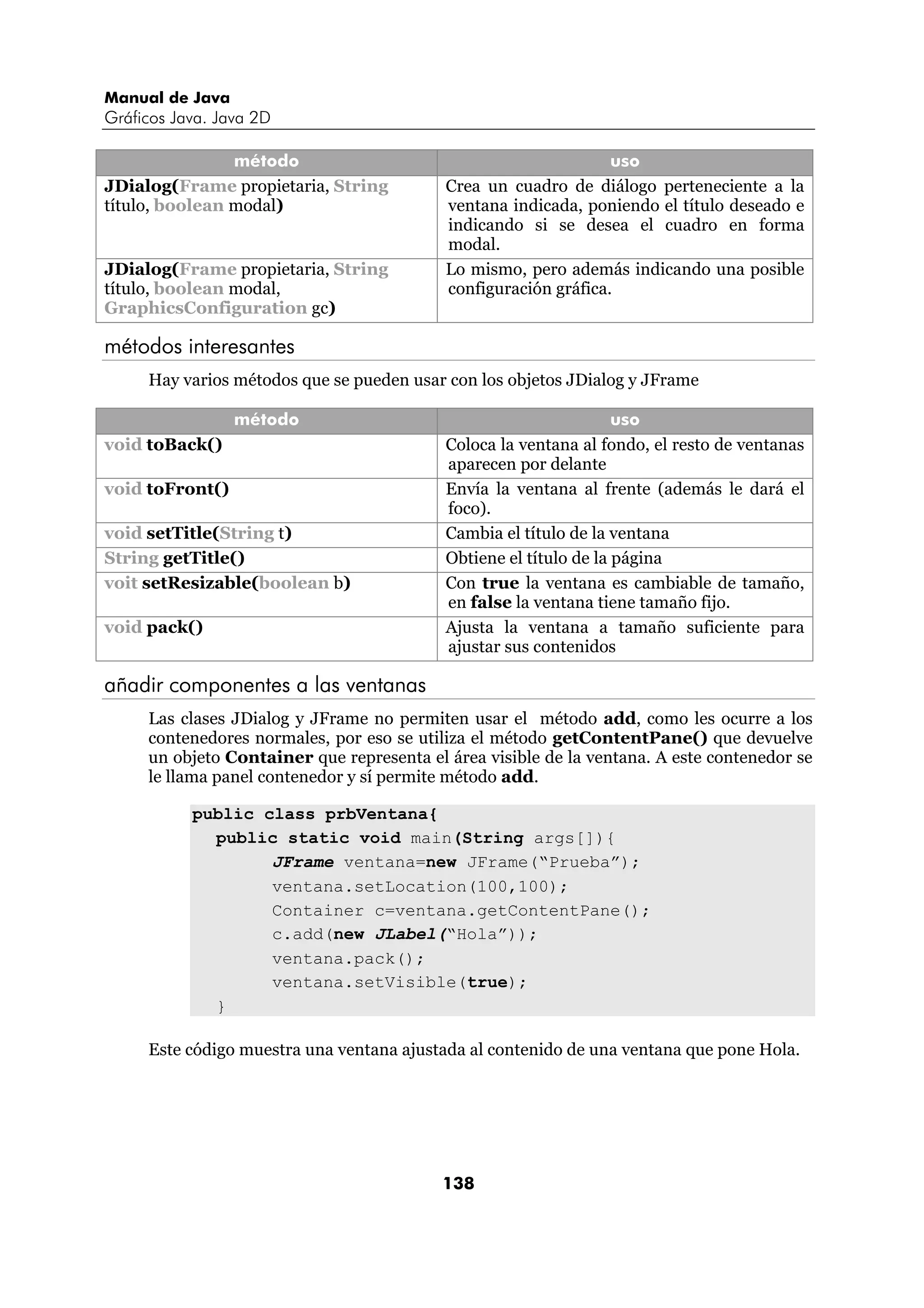Manual de Java
Gráficos Java. Java 2D

                método                                           uso
JDialog(Frame propietaria, String          Crea un cuadro de diálogo perteneciente a la
título, boolean modal)                     ventana indicada, poniendo el título deseado e
                                           indicando si se desea el cuadro en forma
                                           modal.
JDialog(Frame propietaria, String          Lo mismo, pero además indicando una posible
título, boolean modal,                     configuración gráfica.
GraphicsConfiguration gc)

métodos interesantes
     Hay varios métodos que se pueden usar con los objetos JDialog y JFrame

                 método                                            uso
void toBack()                              Coloca la ventana al fondo, el resto de ventanas
                                           aparecen por delante
void toFront()                             Envía la ventana al frente (además le dará el
                                           foco).
void setTitle(String t)                    Cambia el título de la ventana
String getTitle()                          Obtiene el título de la página
voit setResizable(boolean b)               Con true la ventana es cambiable de tamaño,
                                           en false la ventana tiene tamaño fijo.
void pack()                                Ajusta la ventana a tamaño suficiente para
                                           ajustar sus contenidos

añadir componentes a las ventanas
     Las clases JDialog y JFrame no permiten usar el método add, como les ocurre a los
     contenedores normales, por eso se utiliza el método getContentPane() que devuelve
     un objeto Container que representa el área visible de la ventana. A este contenedor se
     le llama panel contenedor y sí permite método add.

           public class prbVentana{
             public static void main(String args[]){
                   JFrame ventana=new JFrame(“Prueba”);
                   ventana.setLocation(100,100);
                   Container c=ventana.getContentPane();
                   c.add(new JLabel(“Hola”));
                   ventana.pack();
                   ventana.setVisible(true);
             }

     Este código muestra una ventana ajustada al contenido de una ventana que pone Hola.




                                           138
 
