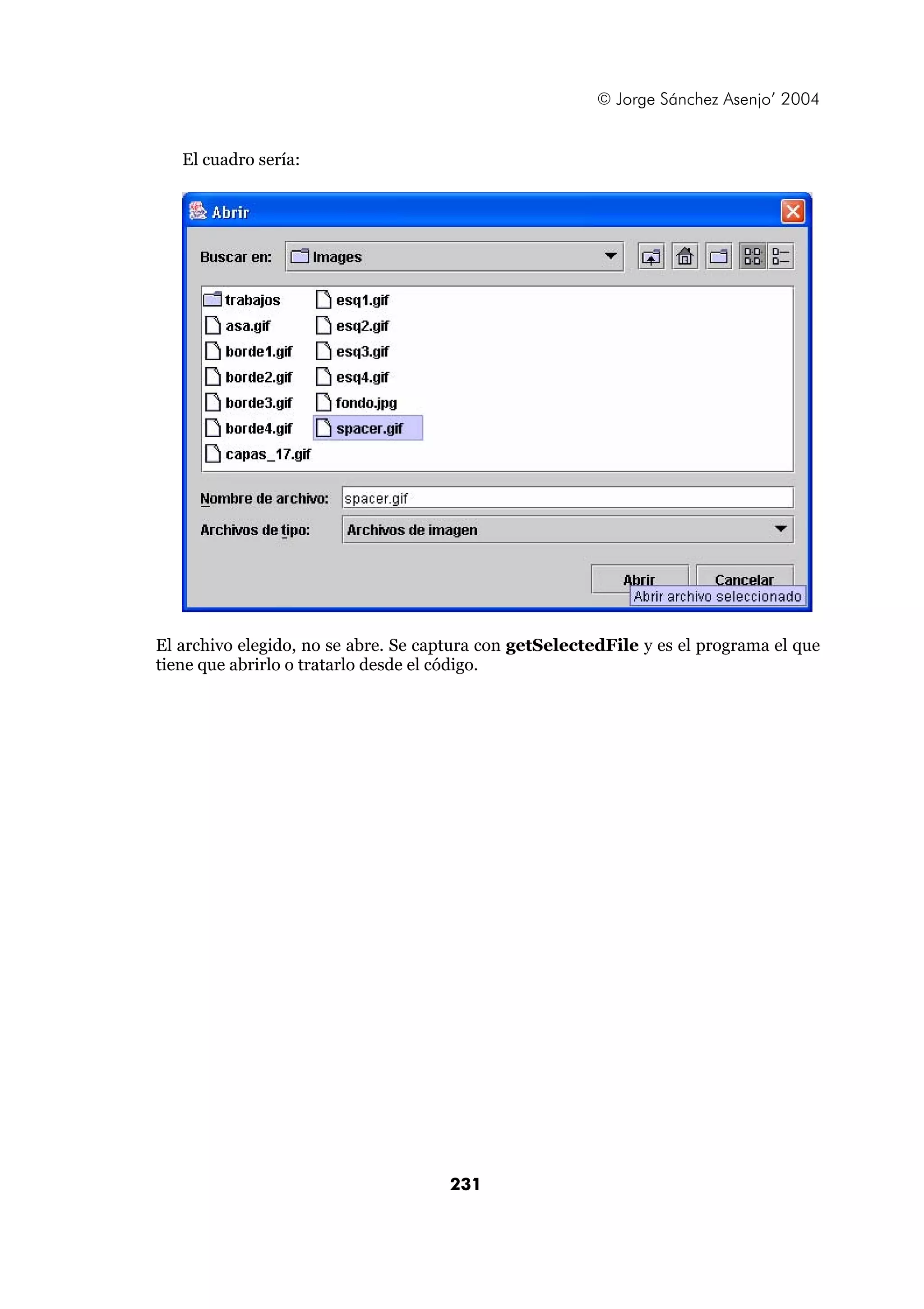 © Jorge Sánchez Asenjo’ 2004


   El cuadro sería:




El archivo elegido, no se abre. Se captura con getSelectedFile y es el programa el que
tiene que abrirlo o tratarlo desde el código.




                                      231
 