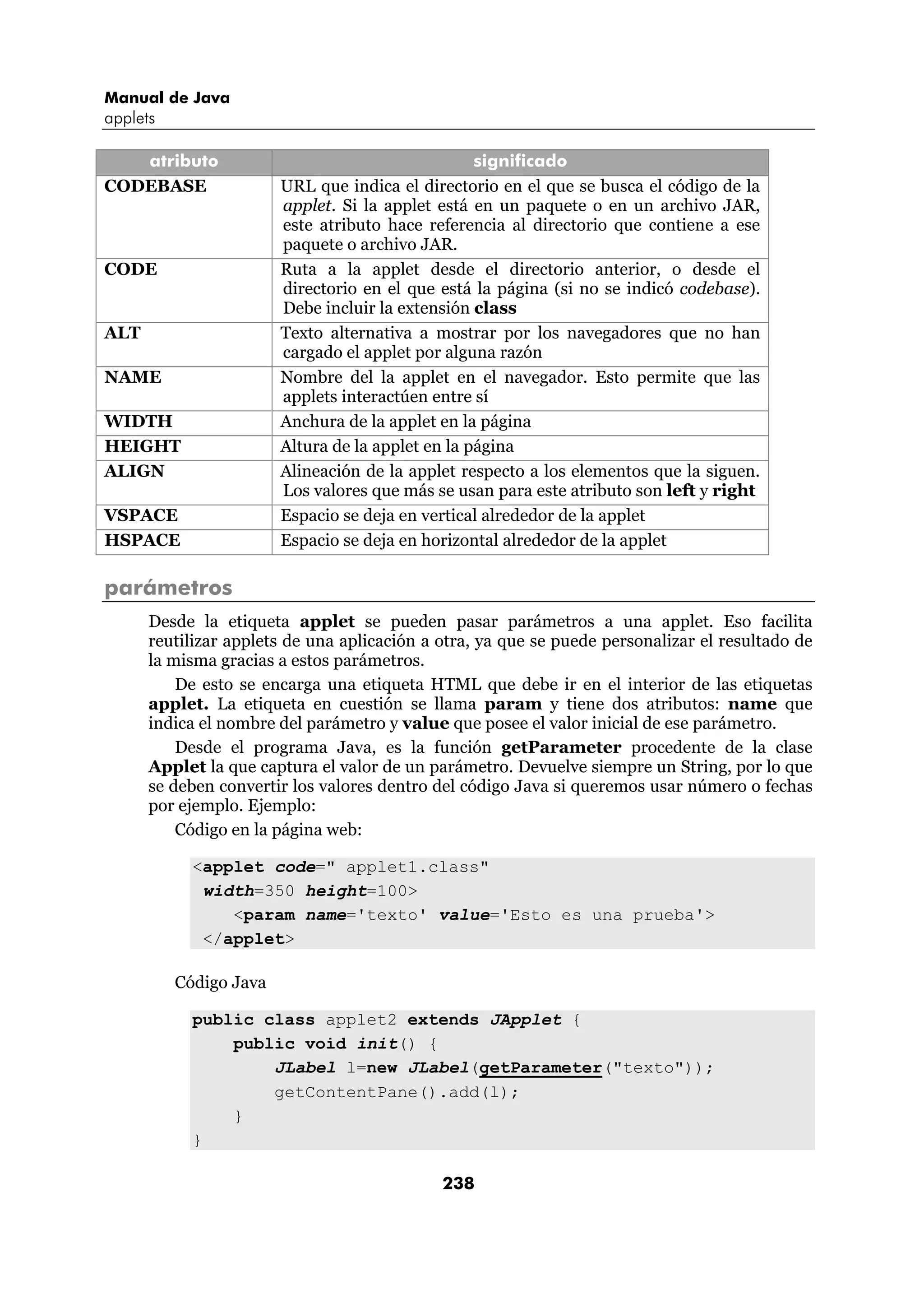 Manual de Java
applets

   atributo                                        significado
CODEBASE                URL que indica el directorio en el que se busca el código de la
                        applet. Si la applet está en un paquete o en un archivo JAR,
                        este atributo hace referencia al directorio que contiene a ese
                        paquete o archivo JAR.
CODE                    Ruta a la applet desde el directorio anterior, o desde el
                        directorio en el que está la página (si no se indicó codebase).
                        Debe incluir la extensión class
ALT                     Texto alternativa a mostrar por los navegadores que no han
                        cargado el applet por alguna razón
NAME                    Nombre del la applet en el navegador. Esto permite que las
                        applets interactúen entre sí
WIDTH                   Anchura de la applet en la página
HEIGHT                  Altura de la applet en la página
ALIGN                   Alineación de la applet respecto a los elementos que la siguen.
                        Los valores que más se usan para este atributo son left y right
VSPACE                  Espacio se deja en vertical alrededor de la applet
HSPACE                  Espacio se deja en horizontal alrededor de la applet

parámetros
      Desde la etiqueta applet se pueden pasar parámetros a una applet. Eso facilita
      reutilizar applets de una aplicación a otra, ya que se puede personalizar el resultado de
      la misma gracias a estos parámetros.
          De esto se encarga una etiqueta HTML que debe ir en el interior de las etiquetas
      applet. La etiqueta en cuestión se llama param y tiene dos atributos: name que
      indica el nombre del parámetro y value que posee el valor inicial de ese parámetro.
          Desde el programa Java, es la función getParameter procedente de la clase
      Applet la que captura el valor de un parámetro. Devuelve siempre un String, por lo que
      se deben convertir los valores dentro del código Java si queremos usar número o fechas
      por ejemplo. Ejemplo:
          Código en la página web:

            <applet code=" applet1.class"
             width=350 height=100>
                <param name='texto' value='Esto es una prueba'>
             </applet>

          Código Java

            public class applet2 extends JApplet {
                public void init() {
                    JLabel l=new JLabel(getParameter("texto"));
                    getContentPane().add(l);
                }
            }

                                             238
 