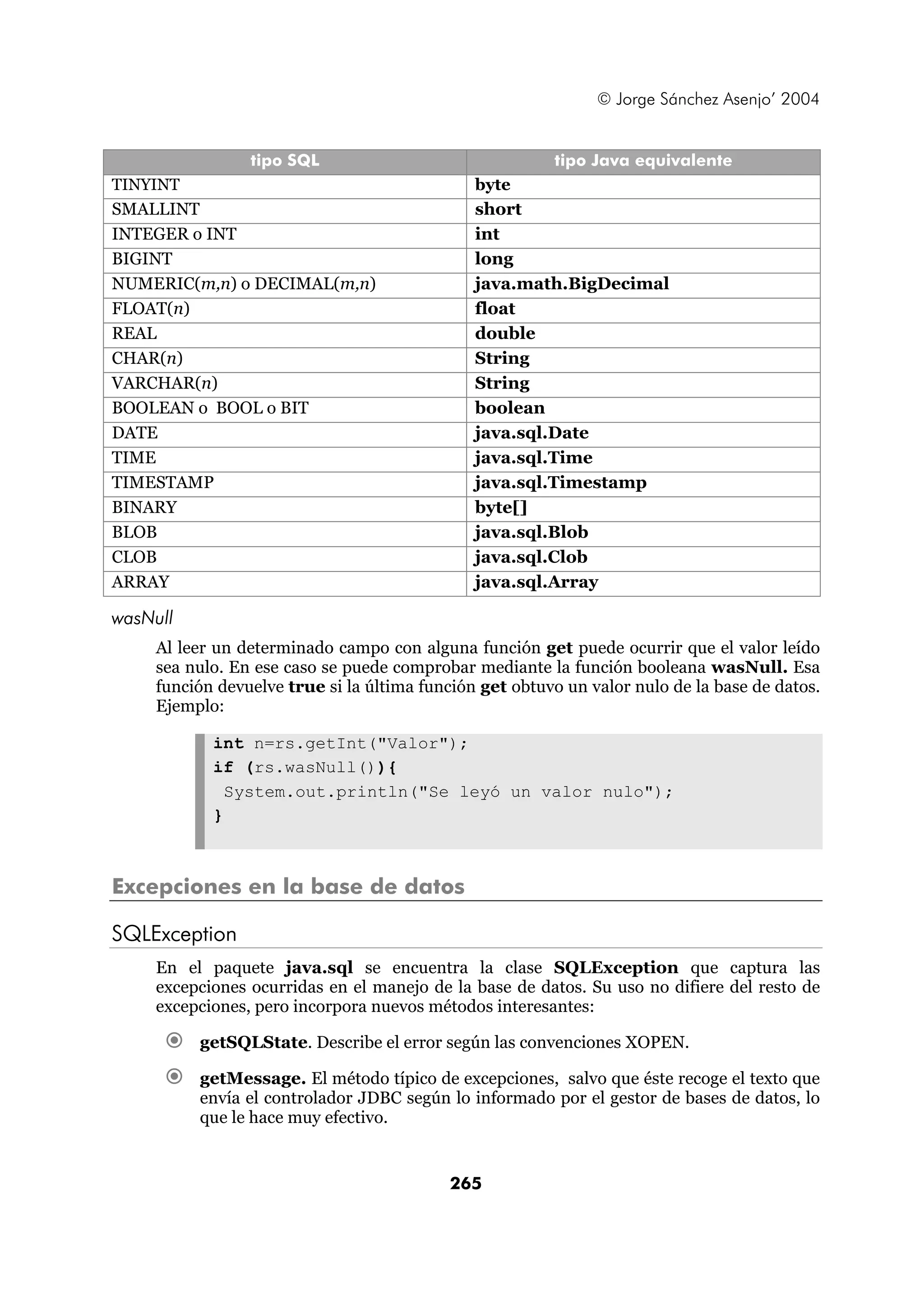 © Jorge Sánchez Asenjo’ 2004


                 tipo SQL                                tipo Java equivalente
TINYINT                                        byte
SMALLINT                                       short
INTEGER o INT                                  int
BIGINT                                         long
NUMERIC(m,n) o DECIMAL(m,n)                    java.math.BigDecimal
FLOAT(n)                                       float
REAL                                           double
CHAR(n)                                        String
VARCHAR(n)                                     String
BOOLEAN o BOOL o BIT                           boolean
DATE                                           java.sql.Date
TIME                                           java.sql.Time
TIMESTAMP                                      java.sql.Timestamp
BINARY                                         byte[]
BLOB                                           java.sql.Blob
CLOB                                           java.sql.Clob
ARRAY                                          java.sql.Array

wasNull
     Al leer un determinado campo con alguna función get puede ocurrir que el valor leído
     sea nulo. En ese caso se puede comprobar mediante la función booleana wasNull. Esa
     función devuelve true si la última función get obtuvo un valor nulo de la base de datos.
     Ejemplo:

            int n=rs.getInt("Valor");
            if (rs.wasNull()){
              System.out.println("Se leyó un valor nulo");
            }



Excepciones en la base de datos

SQLException
     En el paquete java.sql se encuentra la clase SQLException que captura las
     excepciones ocurridas en el manejo de la base de datos. Su uso no difiere del resto de
     excepciones, pero incorpora nuevos métodos interesantes:

          getSQLState. Describe el error según las convenciones XOPEN.

          getMessage. El método típico de excepciones, salvo que éste recoge el texto que
          envía el controlador JDBC según lo informado por el gestor de bases de datos, lo
          que le hace muy efectivo.


                                           265
 