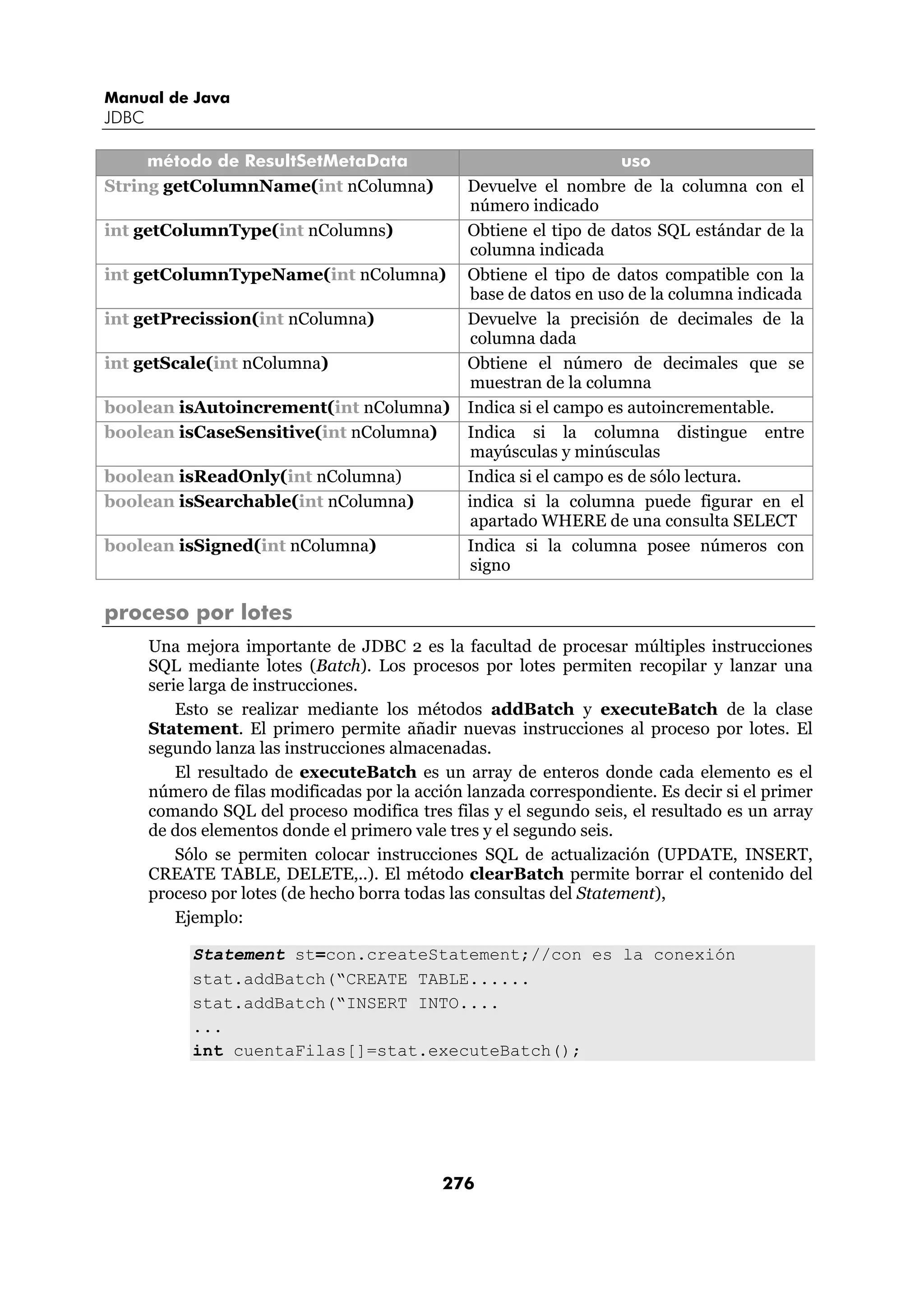Manual de Java
JDBC

     método de ResultSetMetaData                                      uso
String getColumnName(int nColumna)               Devuelve el nombre de la columna con el
                                                  número indicado
int getColumnType(int nColumns)                  Obtiene el tipo de datos SQL estándar de la
                                                  columna indicada
int getColumnTypeName(int nColumna)              Obtiene el tipo de datos compatible con la
                                                  base de datos en uso de la columna indicada
int getPrecission(int nColumna)                  Devuelve la precisión de decimales de la
                                                  columna dada
int getScale(int nColumna)                       Obtiene el número de decimales que se
                                                  muestran de la columna
boolean isAutoincrement(int nColumna)            Indica si el campo es autoincrementable.
boolean isCaseSensitive(int nColumna)            Indica si la columna distingue entre
                                                  mayúsculas y minúsculas
boolean isReadOnly(int nColumna)                 Indica si el campo es de sólo lectura.
boolean isSearchable(int nColumna)               indica si la columna puede figurar en el
                                                  apartado WHERE de una consulta SELECT
boolean isSigned(int nColumna)                   Indica si la columna posee números con
                                                  signo

proceso por lotes
       Una mejora importante de JDBC 2 es la facultad de procesar múltiples instrucciones
       SQL mediante lotes (Batch). Los procesos por lotes permiten recopilar y lanzar una
       serie larga de instrucciones.
           Esto se realizar mediante los métodos addBatch y executeBatch de la clase
       Statement. El primero permite añadir nuevas instrucciones al proceso por lotes. El
       segundo lanza las instrucciones almacenadas.
           El resultado de executeBatch es un array de enteros donde cada elemento es el
       número de filas modificadas por la acción lanzada correspondiente. Es decir si el primer
       comando SQL del proceso modifica tres filas y el segundo seis, el resultado es un array
       de dos elementos donde el primero vale tres y el segundo seis.
           Sólo se permiten colocar instrucciones SQL de actualización (UPDATE, INSERT,
       CREATE TABLE, DELETE,..). El método clearBatch permite borrar el contenido del
       proceso por lotes (de hecho borra todas las consultas del Statement),
           Ejemplo:

            Statement st=con.createStatement;//con es la conexión
            stat.addBatch(“CREATE TABLE......
            stat.addBatch(“INSERT INTO....
            ...
            int cuentaFilas[]=stat.executeBatch();




                                             276
 