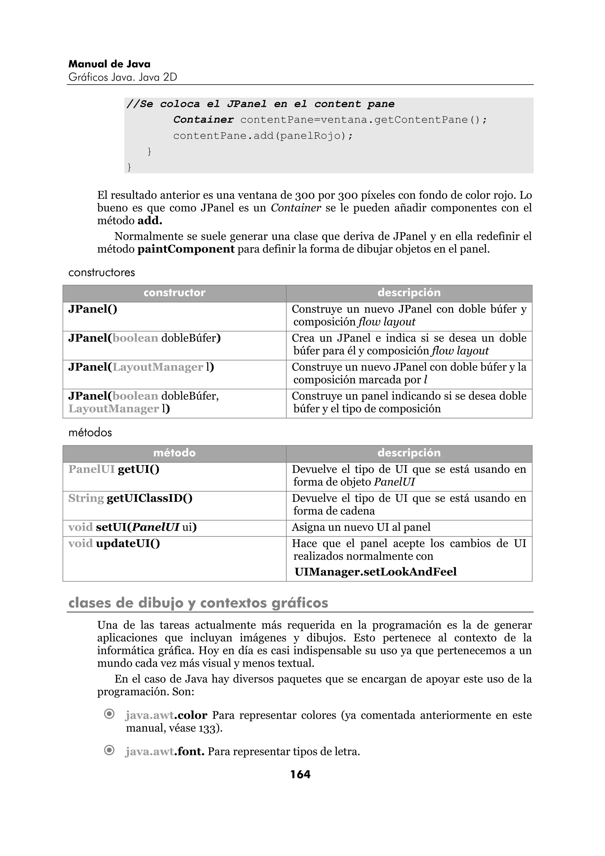Manual de Java
Gráficos Java. Java 2D

           //Se coloca el JPanel en el content pane
                  Container contentPane=ventana.getContentPane();
                  contentPane.add(panelRojo);
              }
           }

     El resultado anterior es una ventana de 300 por 300 píxeles con fondo de color rojo. Lo
     bueno es que como JPanel es un Container se le pueden añadir componentes con el
     método add.
         Normalmente se suele generar una clase que deriva de JPanel y en ella redefinir el
     método paintComponent para definir la forma de dibujar objetos en el panel.

constructores
                constructor                                    descripción
JPanel()                                    Construye un nuevo JPanel con doble búfer y
                                            composición flow layout
JPanel(boolean dobleBúfer)                  Crea un JPanel e indica si se desea un doble
                                            búfer para él y composición flow layout
JPanel(LayoutManager l)                     Construye un nuevo JPanel con doble búfer y la
                                            composición marcada por l
JPanel(boolean dobleBúfer,                  Construye un panel indicando si se desea doble
LayoutManager l)                            búfer y el tipo de composición

métodos
              método                                         descripción
PanelUI getUI()                             Devuelve el tipo de UI que se está usando en
                                            forma de objeto PanelUI
String getUIClassID()                       Devuelve el tipo de UI que se está usando en
                                            forma de cadena
void setUI(PanelUI ui)                      Asigna un nuevo UI al panel
void updateUI()                             Hace que el panel acepte los cambios de UI
                                            realizados normalmente con
                                            UIManager.setLookAndFeel

clases de dibujo y contextos gráficos
     Una de las tareas actualmente más requerida en la programación es la de generar
     aplicaciones que incluyan imágenes y dibujos. Esto pertenece al contexto de la
     informática gráfica. Hoy en día es casi indispensable su uso ya que pertenecemos a un
     mundo cada vez más visual y menos textual.
         En el caso de Java hay diversos paquetes que se encargan de apoyar este uso de la
     programación. Son:

           java.awt.color Para representar colores (ya comentada anteriormente en este
           manual, véase 133).

           java.awt.font. Para representar tipos de letra.

                                           164
 
