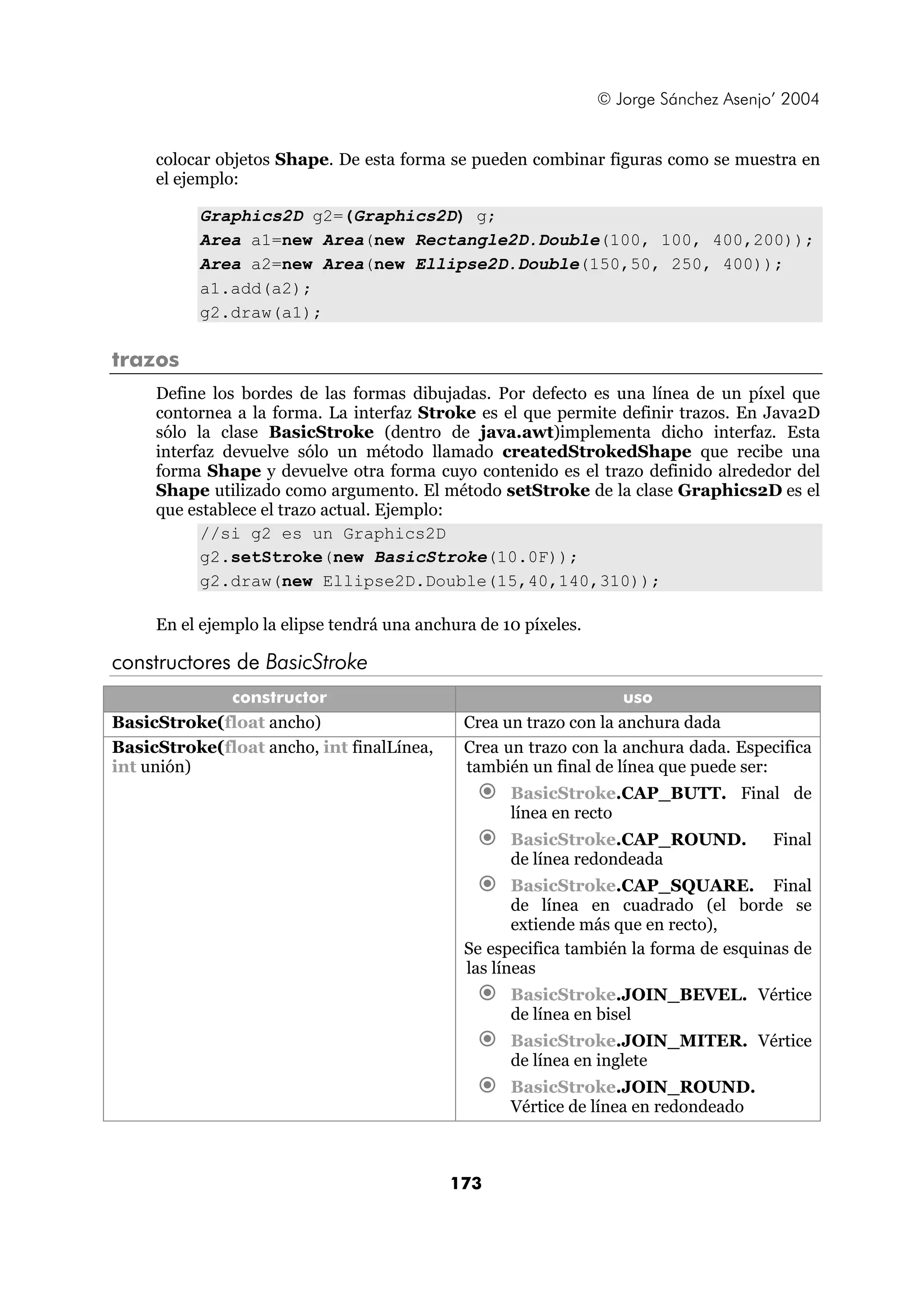 © Jorge Sánchez Asenjo’ 2004


     colocar objetos Shape. De esta forma se pueden combinar figuras como se muestra en
     el ejemplo:

          Graphics2D g2=(Graphics2D) g;
          Area a1=new Area(new Rectangle2D.Double(100, 100, 400,200));
          Area a2=new Area(new Ellipse2D.Double(150,50, 250, 400));
          a1.add(a2);
          g2.draw(a1);

trazos
     Define los bordes de las formas dibujadas. Por defecto es una línea de un píxel que
     contornea a la forma. La interfaz Stroke es el que permite definir trazos. En Java2D
     sólo la clase BasicStroke (dentro de java.awt)implementa dicho interfaz. Esta
     interfaz devuelve sólo un método llamado createdStrokedShape que recibe una
     forma Shape y devuelve otra forma cuyo contenido es el trazo definido alrededor del
     Shape utilizado como argumento. El método setStroke de la clase Graphics2D es el
     que establece el trazo actual. Ejemplo:
           //si g2 es un Graphics2D
           g2.setStroke(new BasicStroke(10.0F));
           g2.draw(new Ellipse2D.Double(15,40,140,310));

     En el ejemplo la elipse tendrá una anchura de 10 píxeles.

constructores de BasicStroke
             constructor                                            uso
BasicStroke(float ancho)                      Crea un trazo con la anchura dada
BasicStroke(float ancho, int finalLínea,      Crea un trazo con la anchura dada. Especifica
int unión)                                    también un final de línea que puede ser:
                                                    BasicStroke.CAP_BUTT. Final de
                                                    línea en recto
                                                    BasicStroke.CAP_ROUND.             Final
                                                    de línea redondeada
                                                     BasicStroke.CAP_SQUARE. Final
                                                     de línea en cuadrado (el borde se
                                                     extiende más que en recto),
                                              Se especifica también la forma de esquinas de
                                              las líneas
                                                    BasicStroke.JOIN_BEVEL. Vértice
                                                    de línea en bisel
                                                    BasicStroke.JOIN_MITER. Vértice
                                                    de línea en inglete
                                                    BasicStroke.JOIN_ROUND.
                                                    Vértice de línea en redondeado



                                            173
 
