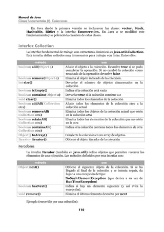 Manual de Java
Clases fundamentales (II). Colecciones

         En Java desde la primera versión se incluyeron las clases: vector, Stack,
      Hashtable, BitSet y la interfaz Enumeration. En Java 2 se modificó este
      funcionamiento y se potenció la creación de estas clases.


interfaz Collection
      La interfaz fundamental de trabajo con estructuras dinámicas es java.util.Collection.
      Esta interfaz define métodos muy interesantes para trabajar con listas. Entre ellos:

          método                                                 uso
boolean add(Object o)               Añade el objeto a la colección. Devuelve true si se pudo
                                    completar la operación. Si no cambió la colección como
                                    resultado de la operación devuelve false
boolean remove(Object o)            Elimina al objeto indicado de la colección.
int size()                          Devuelve el número de objetos almacenados en la
                                    colección
boolean isEmpty()                   Indica si la colección está vacía
boolean contains(Object o)          Devuelve true si la colección contiene a o
void clear()                        Elimina todos los elementos de la colección
boolean addAll( Collection          Añade todos los elementos de la colección otra a la
otra)                               colección actual
boolean removeAll(                  Elimina todos los objetos de la colección actual que estén
Collection otra)                    en la colección otra
boolean retainAll(                  Elimina todos los elementos de la colección que no estén
Collection otra)                    en la otra
boolean containsAll(                Indica si la colección contiene todos los elementos de otra
Collection otra)
Object[] toArray()                  Convierte la colección en un array de objetos.
Iterator iterator()                 Obtiene el objeto iterador de la colección

iteradores
      La interfaz Iterator (también en java.util) define objetos que permiten recorrer los
      elementos de una colección. Los métodos definidos por esta interfaz son:

          método                                               uso
Object next()                       Obtiene el siguiente objeto de la colección. Si se      ha
                                    llegado al final de la colección y se intenta seguir,   da
                                    lugar a una excepción de tipo:
                                    NoSuchElementException (que deriva a su vez             de
                                    RunTimeException)
boolean hasNext()                   Indica si hay un elemento siguiente (y así evita         la
                                    excepción).
void remove()                       Elimina el último elemento devuelto por next

      Ejemplo (recorrido por una colección):

                                               110
 