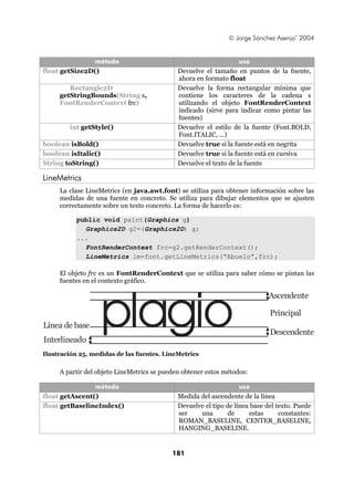 © Jorge Sánchez Asenjo’ 2004


                 método                                           uso
float getSize2D()                            Devuelve el tamaño en puntos de la fuente,
                                             ahora en formato float
        Rectangle2D                          Devuelve la forma rectangular mínima que
     getStringBounds(String s,               contiene los caracteres de la cadena s
     FontRenderContext frc)                  utilizando el objeto FontRenderContext
                                             indicado (sirve para indicar como pintar las
                                             fuentes)
        int getStyle()                       Devuelve el estilo de la fuente (Font.BOLD,
                                             Font.ITALIC, ...)
boolean isBold()                             Devuelve true si la fuente está en negrita
boolean isItalic()                           Devuelve true si la fuente está en cursiva
String toString()                            Devuelve el texto de la fuente

LineMetrics
     La clase LineMetrics (en java.awt.font) se utiliza para obtener información sobre las
     medidas de una fuente en concreto. Se utiliza para dibujar elementos que se ajusten
     correctamente sobre un texto concreto. La forma de hacerlo es:

           public void paint(Graphics g)
             Graphics2D g2=(Graphics2D) g;
           ...
             FontRenderContext frc=g2.getRenderContext();
             LineMetrics lm=font.getLineMetrics(“Abuelo”,frc);

     El objeto frc es un FontRenderContext que se utiliza para saber cómo se pintan las
     fuentes en el contexto gráfico.




                     plagio
                                                                             Ascendente

                                                                             Principal
Línea de base
                                                                             Descendente
Interlineado
Ilustración 25, medidas de las fuentes. LineMetrics


     A partir del objeto LineMetrics se pueden obtener estos métodos:

                 método                                           uso
float getAscent()                            Medida del ascendente de la línea
float getBaselineIndex()                     Devuelve el tipo de línea base del texto. Puede
                                             ser    una       de      estas      constantes:
                                             ROMAN_BASELINE, CENTER_BASELINE,
                                             HANGING_BASELINE.


                                           181
 