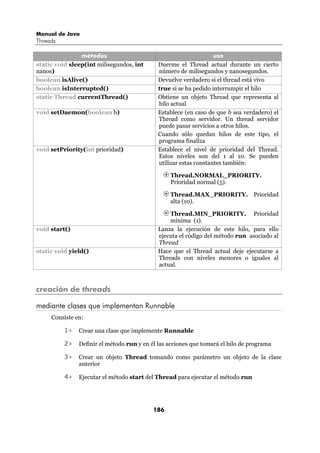 Manual de Java
Threads

                métodos                                            uso
static void sleep(int milisegundos, int      Duerme el Thread actual durante un cierto
nanos)                                       número de milisegundos y nanosegundos.
boolean isAlive()                            Devuelve verdadero si el thread está vivo
boolean isInterrupted()                      true si se ha pedido interrumpir el hilo
static Thread currentThread()                Obtiene un objeto Thread que representa al
                                             hilo actual
void setDaemon(boolean b)                    Establece (en caso de que b sea verdadero) el
                                             Thread como servidor. Un thread servidor
                                             puede pasar servicios a otros hilos.
                                             Cuando sólo quedan hilos de este tipo, el
                                             programa finaliza
void setPriority(int prioridad)              Establece el nivel de prioridad del Thread.
                                             Estos niveles son del 1 al 10. Se pueden
                                             utilizar estas constantes también:

                                                 Thread.NORMAL_PRIORITY.
                                                 Prioridad normal (5).

                                                 Thread.MAX_PRIORITY. Prioridad
                                                 alta (10).

                                                 Thread.MIN_PRIORITY. Prioridad
                                                 mínima (1).
void start()                                 Lanza la ejecución de este hilo, para ello
                                             ejecuta el código del método run asociado al
                                             Thread
static void yield()                          Hace que el Thread actual deje ejecutarse a
                                             Threads con niveles menores o iguales al
                                             actual.



creación de threads

mediante clases que implementan Runnable
     Consiste en:

          1>   Crear una clase que implemente Runnable

          2>   Definir el método run y en él las acciones que tomará el hilo de programa

          3>   Crear un objeto Thread tomando como parámetro un objeto de la clase
               anterior

          4>   Ejecutar el método start del Thread para ejecutar el método run




                                           186
 