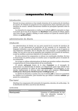 componentes Swing

introducción
     Durante los temas anteriores se han tratado elementos de la construcción de interfaces
     de usuario. No obstante los paquetes de Java proporcionan clases especiales para crear
     interfaces de usuario. Además discutiremos también los principales apartados sobre la
     apariencia.
         La colocación de componentes se realiza con el método add del contenedor en elque
     va el panel. En el caso de un elemento con RootPane (véase paneles de dibujo, página
     160) como JFrame, JApplet y JDialog, se suele coolocar en el panel de contexto (que se
     obtiene con getRootPane).

administración de diseño

introducción
     Los administradores de diseño son una parte esencial de la creación de interfaces de
     usuario, ya que determinan las posiciones de los controles en un contenedor. En
     lenguajes orientados a una sola plataforma, el problema es menor ya que el aspecto es
     más fácilmente controlable. Pero la filosofía Java está orientada a la portabilidad del
     código. Por eso este es uno de los apartados más complejos de la creación de interfaces,
     ya que las medidas y posiciones dependen de la máquina en concreto.
         En otros entornos los componentes se colocan con coordenadas absolutas. En Java
     se desaconseja esa práctica porque en muchos casos es imposible prever el tamaño de
     un componente.
         En su lugar se utilizan administradores de diseño que permiten realizar colocaciones
     y maquetaciones de forma independiente de las coordenadas.
         El método setLayout dentro de la clase Container es el encargado de
     proporcionar un administrador de diseño a un determinado panel. Este método tiene
     como único parámetro un objeto de tipo LayoutManager. LayoutManager, es una
     interfaz implementada en diversas clases que sirven para maquetar (FlowLayout,
     GridLayout, BoxLayout, BorderLayout, GridBagLayout, ...)
         La adición de elementos se puede crear con el método add. A veces no se muestran
     los cambios en el contenedor, para forzarles hay que utilizar el método validate que
     poseen los contenedores.

Flow Layout
     Distribuye los componentes del contenedor de izquierda a derecha y de arriba abajo. Es
     la distribución más fácil y una de las más efectivas.

constructores
                constructor                                      uso
FlowLayout()                                     Construye el administrador de tipo
                                                 flow con alineación centrada y
                                                 márgenes a 5 píxeles


                                           193
 