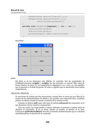 Manual de Java
componentes Swing

                        añadeGrid(new JButton("Cuatro"),1,1);
                        añadeGrid(new JButton("Cinco"),1,2);
                                restricciones.gridwidth=1;
                 }
                 private void añadeGrid(Component c, int x, int y){
                      restricciones.gridx=x;
                      restricciones.gridy=y;
                      getContentPane().add(c,restricciones);
                 }}

        Resultado:




pesos
        Sin duda es de los elementos más difíciles de controlar. Son las propiedades de
        GridBagConstraints weigthx y weighty las que permiten su control. Sólo valen de
        forma relativa. Es decir si a un componente le asignamos 0.5 y a otro 1.0, esto significa
        que el segundo es el doble de grande. El valor 0, significa que se mantendrá como estaba
        originalmente.

ubicación absoluta
        Es una forma de trabajo que Sun desaconseja, aunque bien es cierto que nos libra de la
        tiranía de los administradores de diseño y nos permite una colocación libre, mediante
        píxeles. Es idónea cuando el tamaño en píxeles de la ventana es fijo.
            Consiste en indicar null como valor para el método setLayout del contenedor en el
        que deseamos colocar nuestros componentes.
            Tras esa acción, los componentes a colocar indicarán su posición y tamaño antes de
        añadirse al contenedor. Si no se desea calcular el tamaño, el método de la clase
        Component getPreferredSize() devuelve el tamaño predeterminado que se calculará
        automáticamente en función de su contenido.



                                               200
 