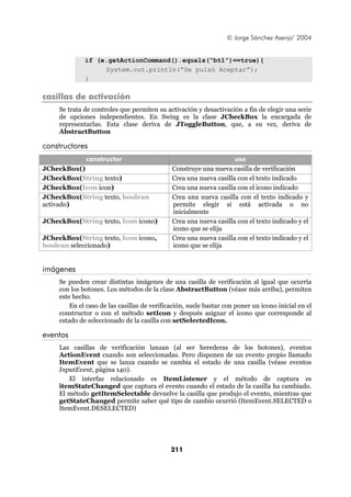 © Jorge Sánchez Asenjo’ 2004


              if (e.getActionCommand().equals(“bt1”)==true){
                   System.out.println(“Se pulsó Aceptar”);
              }

casillas de activación
     Se trata de controles que permiten su activación y desactivación a fin de elegir una serie
     de opciones independientes. En Swing es la clase JCheckBox la encargada de
     representarlas. Esta clase deriva de JToggleButton, que, a su vez, deriva de
     AbstractButton

constructores
              constructor                                           uso
JCheckBox()                                   Construye una nueva casilla de verificación
JCheckBox(String texto)                       Crea una nueva casilla con el texto indicado
JCheckBox(Icon icon)                          Crea una nueva casilla con el icono indicado
JCheckBox(String texto, boolean               Crea una nueva casilla con el texto indicado y
activado)                                     permite elegir si está activada o no
                                              inicialmente
JCheckBox(String texto, Icon icono)           Crea una nueva casilla con el texto indicado y el
                                              icono que se elija
JCheckBox(String texto, Icon icono,           Crea una nueva casilla con el texto indicado y el
boolean seleccionado)                         icono que se elija


imágenes
     Se pueden crear distintas imágenes de una casilla de verificación al igual que ocurría
     con los botones. Los métodos de la clase AbstractButton (véase más arriba), permiten
     este hecho.
         En el caso de las casillas de verificación, suele bastar con poner un icono inicial en el
     constructor o con el método setIcon y después asignar el icono que corresponde al
     estado de seleccionado de la casilla con setSelectedIcon.

eventos
     Las casillas de verificación lanzan (al ser herederas de los botones), eventos
     ActionEvent cuando son seleccionadas. Pero disponen de un evento propio llamado
     ItemEvent que se lanza cuando se cambia el estado de una casilla (véase eventos
     InputEvent, página 140).
        El interfaz relacionado es ItemListener y el método de captura es
     itemStateChanged que captura el evento cuando el estado de la casilla ha cambiado.
     El método getItemSelectable devuelve la casilla que produjo el evento, mientras que
     getStateChanged permite saber qué tipo de cambio ocurrió (ItemEvent.SELECTED o
     ItemEvent.DESELECTED)




                                              211
 