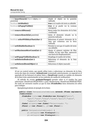 Manual de Java
componentes Swing

                método                                            uso
void insertItemAt(Object objeto, int             Añade el objeto en la posición
posición)                                        indicada
boolean isEditable()                             true si el cuadro de texto es editable
boolean isPopupVisible()                         true si se puede ver la ventana
                                                 emergente
void removeAllItems()                            Borra todos los elementos de la lista
                                                 combinada
void removeItemAt(int posición)                  Quita el elemento situado en la
                                                 posición indicada
boolean selectWithKeyChar(char c)                Selecciona el primer elemento de la
                                                 lista que comienza con la letra
                                                 indicada
void setEditable(boolean b)                      Permite (o no) que el cuadro de texto
                                                 sea editable
void setMaximumRowCount(int n)                   Ajusta el número máximo de filas
                                                 visibles. Si hay más filas, aparecerá
                                                 una barra de desplazamiento.
void setPopupVisible(boolean b)                  Despliega el cuadro de la lista
void setSelectedIndex(int i)                     Selecciona el elemento de la lista
                                                 número i
void setSelectedItem(Object o)                   Selecciona el objeto marcado

eventos
     Al ser un control mixto, que puede editar texto o seleccionar un elemento de la lista,
     envía dos tipos de eventos: ActionEvent (comentado anteriormente, en especial en el
     apartado de los botones) al pulsar Intro, e ItemEvent cuando se cambia un elemento
     de la lista (visto anteriormente en los controles de casilla de verificación).
         El método de evento getStateChange() permite saber si el cambio fue para
     seleccionar (ItemEvent.SELECTED) o para deseleccionar (ItemEvent.DESELECTED).
     No suele ser necesario usarles ya que la clase JComboBox tiene elementos de sobra
     para trabajar.
         Ejemplo(equivalente al ejemplo de la lista).

          public class VentanaListaCombinada extends JFrame implements
          ItemListener{
            JComboBox lista=new JComboBox(new String[]{"perro",
                  "gato","vaca","oveja","cerdo","pollo","cabra",
                  "caballo","asno"});
            JLabel etiqueta=new JLabel("Seleccionado: ");
            JPanel p1=new JPanel(), p2=new JPanel();

             public VentanaListaCombinada() {
                  p1.setLayout(new FlowLayout());
                  p2.setLayout(new FlowLayout());


                                           224
 