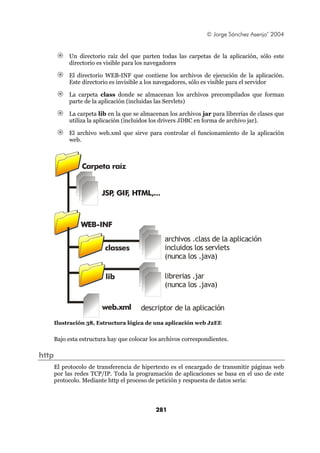 © Jorge Sánchez Asenjo’ 2004


            Un directorio raíz del que parten todas las carpetas de la aplicación, sólo este
            directorio es visible para los navegadores

            El directorio WEB-INF que contiene los archivos de ejecución de la aplicación.
            Este directorio es invisible a los navegadores, sólo es visible para el servidor

            La carpeta class donde se almacenan los archivos precompilados que forman
            parte de la aplicación (incluidas las Servlets)

            La carpeta lib en la que se almacenan los archivos jar para librerías de clases que
            utiliza la aplicación (incluidos los drivers JDBC en forma de archivo jar).

            El archivo web.xml que sirve para controlar el funcionamiento de la aplicación
            web.



                 Carpeta raíz


                         JSP GIF HTML,...
                            ,   ,



                 WEB-INF
                                                 archivos .class de la aplicación
                          classes                incluidos los servlets
                                                 (nunca los .java)

                          lib                    librerias .jar
                                                 (nunca los .java)


                         web.xml        descriptor de la aplicación
       Ilustración 38, Estructura lógica de una aplicación web J2EE


       Bajo esta estructura hay que colocar los archivos correspondientes.

http
       El protocolo de transferencia de hipertexto es el encargado de transmitir páginas web
       por las redes TCP/IP. Toda la programación de aplicaciones se basa en el uso de este
       protocolo. Mediante http el proceso de petición y respuesta de datos sería:



                                              281
 
