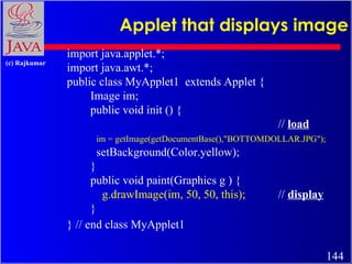 Applet that displays image import java.applet.*; import java.awt.*; public class MyApplet1  extends Applet { Image im;  pu...