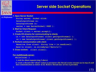 Server side Socket Operations <ul><li>1. Open Server Socket: </li></ul><ul><li>String server; Socket slink; </li></ul><ul>...