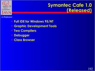 Symantec Cafe 1.0 (Released) <ul><li>Full IDE for Windows 95/NT </li></ul><ul><li>Graphic Development Tools </li></ul><ul>...