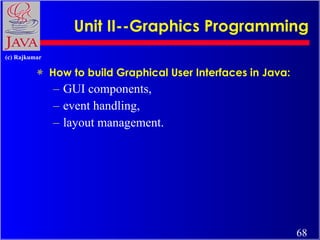 Unit II--Graphics Programming <ul><li>How to build Graphical User Interfaces in Java:  </li></ul><ul><ul><li>GUI component...