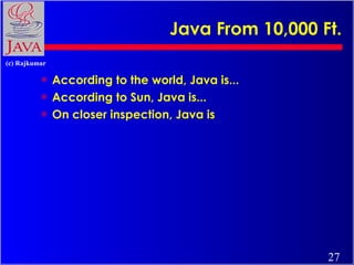 Java From 10,000 Ft. <ul><li>According to the world, Java is... </li></ul><ul><li>According to Sun, Java is... </li></ul><...