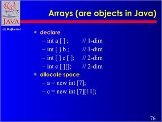 Arrays (are objects in Java) <ul><li>declare </li></ul><ul><ul><li>int a [ ] ;  // 1-dim </li></ul></ul><ul><ul><li>int [ ...