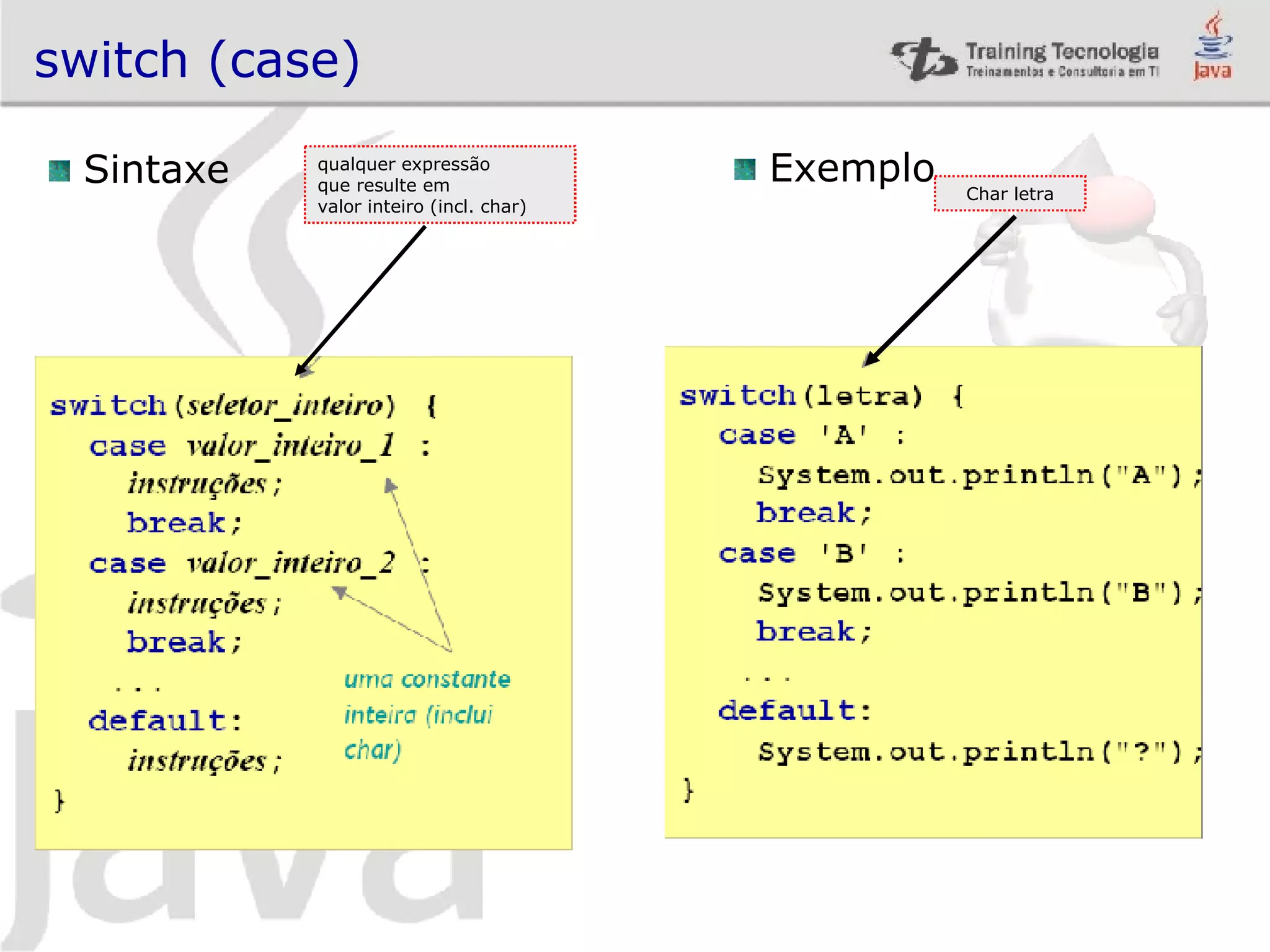 switch (case) Sintaxe Exemplo qualquer expressão que resulte em valor inteiro (incl. char) Char letra 