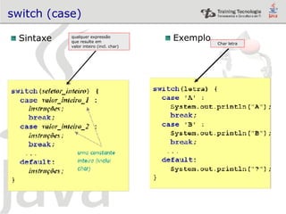 switch (case) Sintaxe Exemplo qualquer expressão que resulte em valor inteiro (incl. char) Char letra 