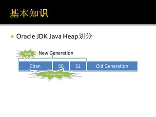    Oracle JDK Java Heap划分

      -Xmn   New Generation

         Eden               S0      S1   Old Generation
                -XX:SurvivorRatio
 