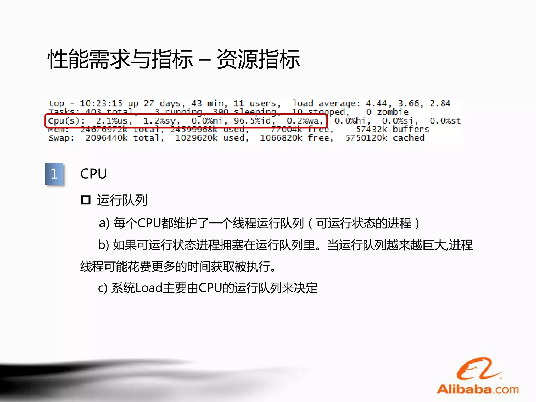 性能需求与指标 – 资源指标




1   CPU
     运行队列
      a) 每个CPU都维护了一个线程运行队列（可运行状态的进程）
     b) 如果可运行状态进程拥塞在运行队列里。当运行队列越来越巨大,进程
    线程可能花费更多的时间获取被执行。
     c) 系统Load主要由CPU的运行队列来决定
 