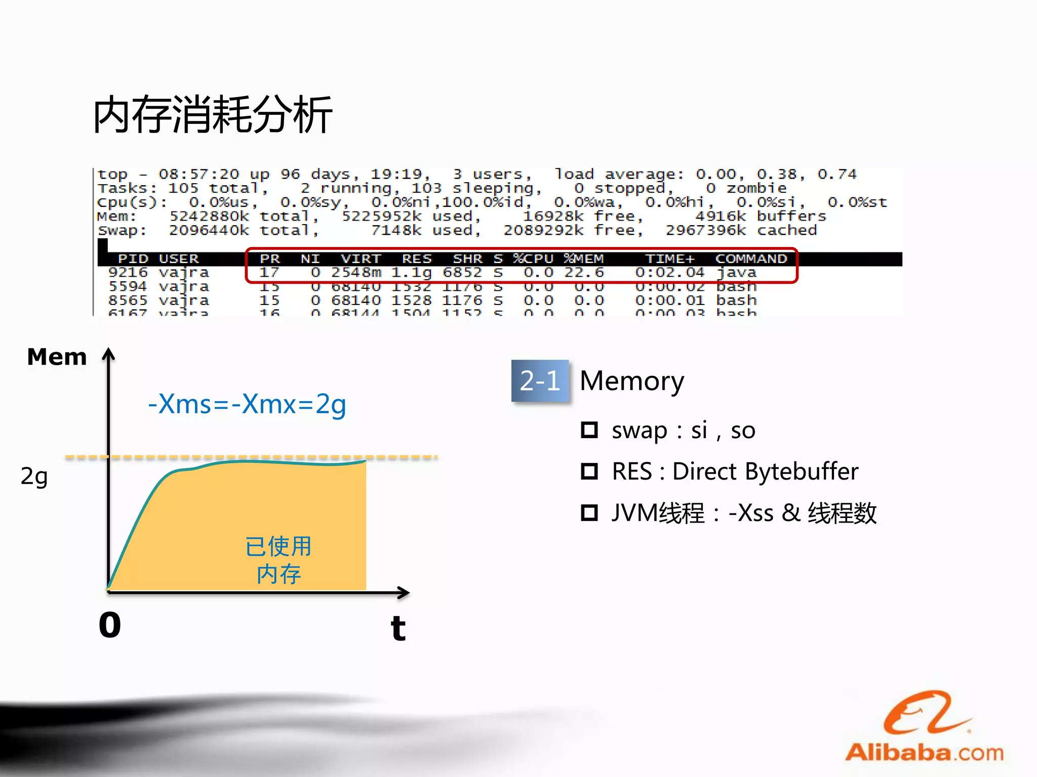 内存消耗分析




Mem
                             2-1 Memory
          -Xms=-Xmx=2g
                                 swap：si，so
2g                               RES : Direct Bytebuffer
                                 JVM线程：-Xss & 线程数
               已使用
                内存

      0                  t
 