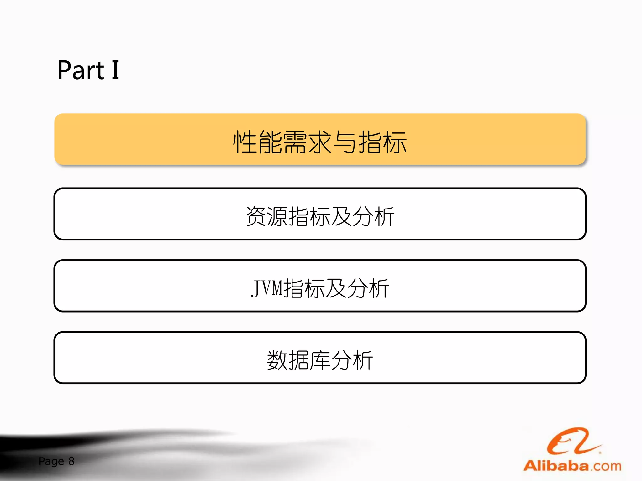 Part I

           性能需求与指标

           资源指标及分析


           JVM指标及分析


            数据库分析



Page 8
 
