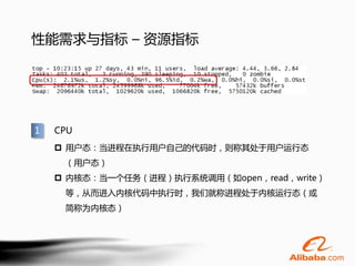 性能需求与指标 – 资源指标




1   CPU
     用户态：当进程在执行用户自己的代码时，则称其处于用户运行态
     （用户态）
     内核态：当一个任务（进程）执行系统调用（如open，read，write）
     等，从而进入内核代码中执行时，我们就称进程处于内核运行态（或
     简称为内核态）
 