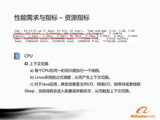性能需求与指标 – 资源指标




1   CPU
     上下文切换
      a) 每个CPU在同一时间只能执行一个线程。
      b) Linux采用抢占式调度，从而产生上下文切换。
      c) 对于Java应用，典型场景是文件I/O、网络I/O、锁等待或者线程
    Sleep，当前线程会进入阻塞或休眠状态，从而触发上下文切换。
 