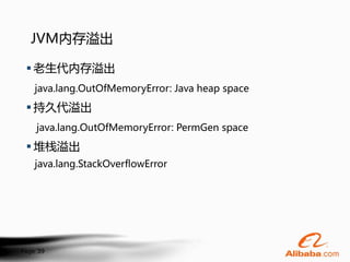 JVM内存溢出

  老生代内存溢出
    java.lang.OutOfMemoryError: Java heap space

  持久代溢出
    java.lang.OutOfMemoryError: PermGen space

  堆栈溢出
    java.lang.StackOverflowError




Page 39
 