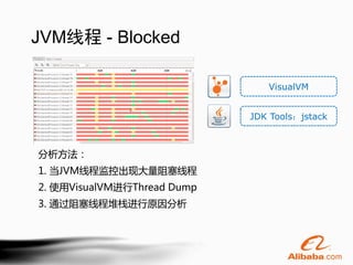 JVM线程 - Blocked

                                VisualVM


                             JDK Tools：jstack



分析方法：
1. 当JVM线程监控出现大量阻塞线程
2. 使用VisualVM进行Thread Dump
3. 通过阻塞线程堆栈进行原因分析
 
