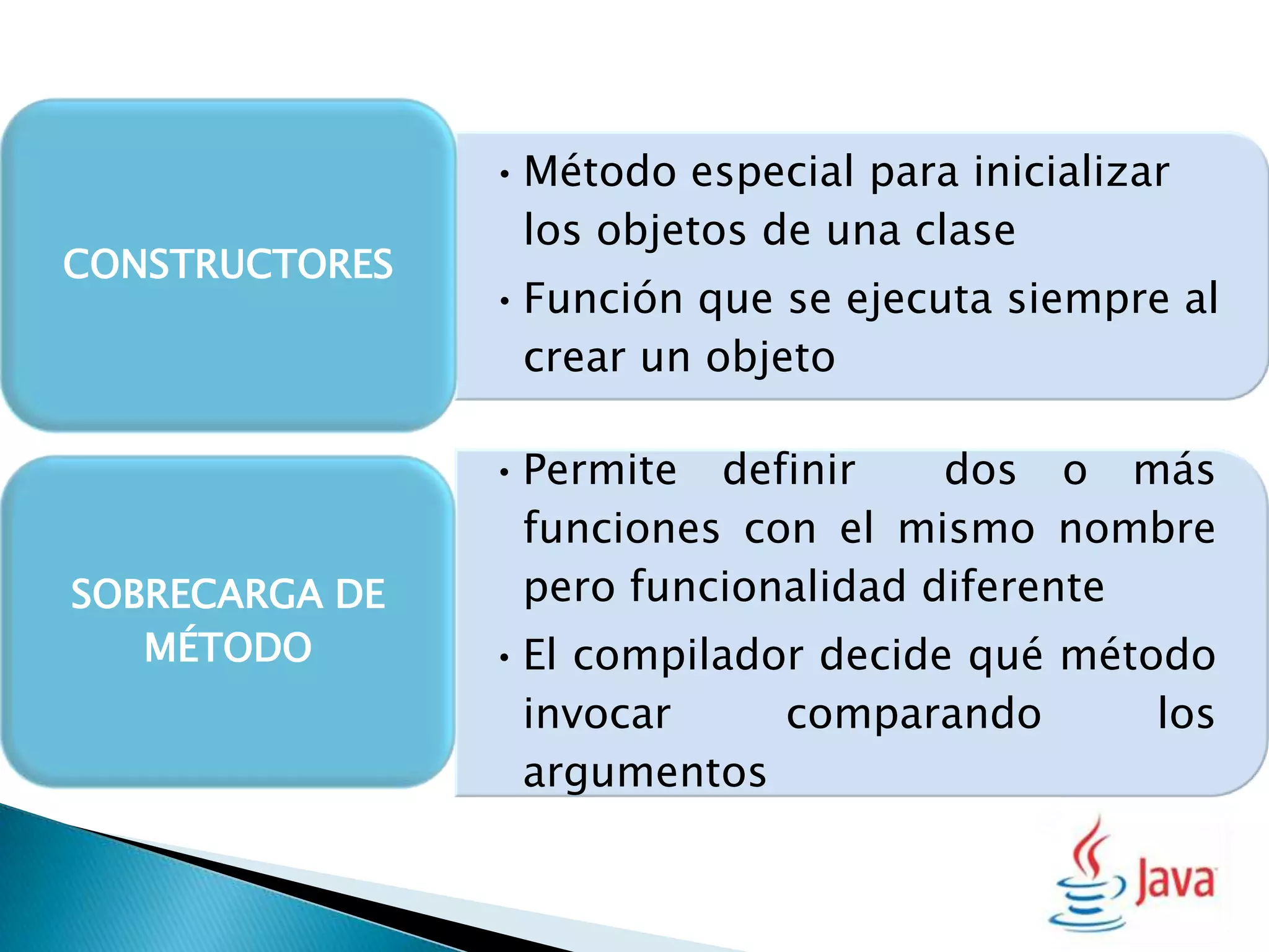 • Método especial para inicializar
                  los objetos de una clase
CONSTRUCTORES
                • Función que se ejecuta siempre al
                  crear un objeto

                • Permite definir     dos o más
                  funciones con el mismo nombre
SOBRECARGA DE     pero funcionalidad diferente
   MÉTODO       • El compilador decide qué método
                  invocar     comparando       los
                  argumentos
 