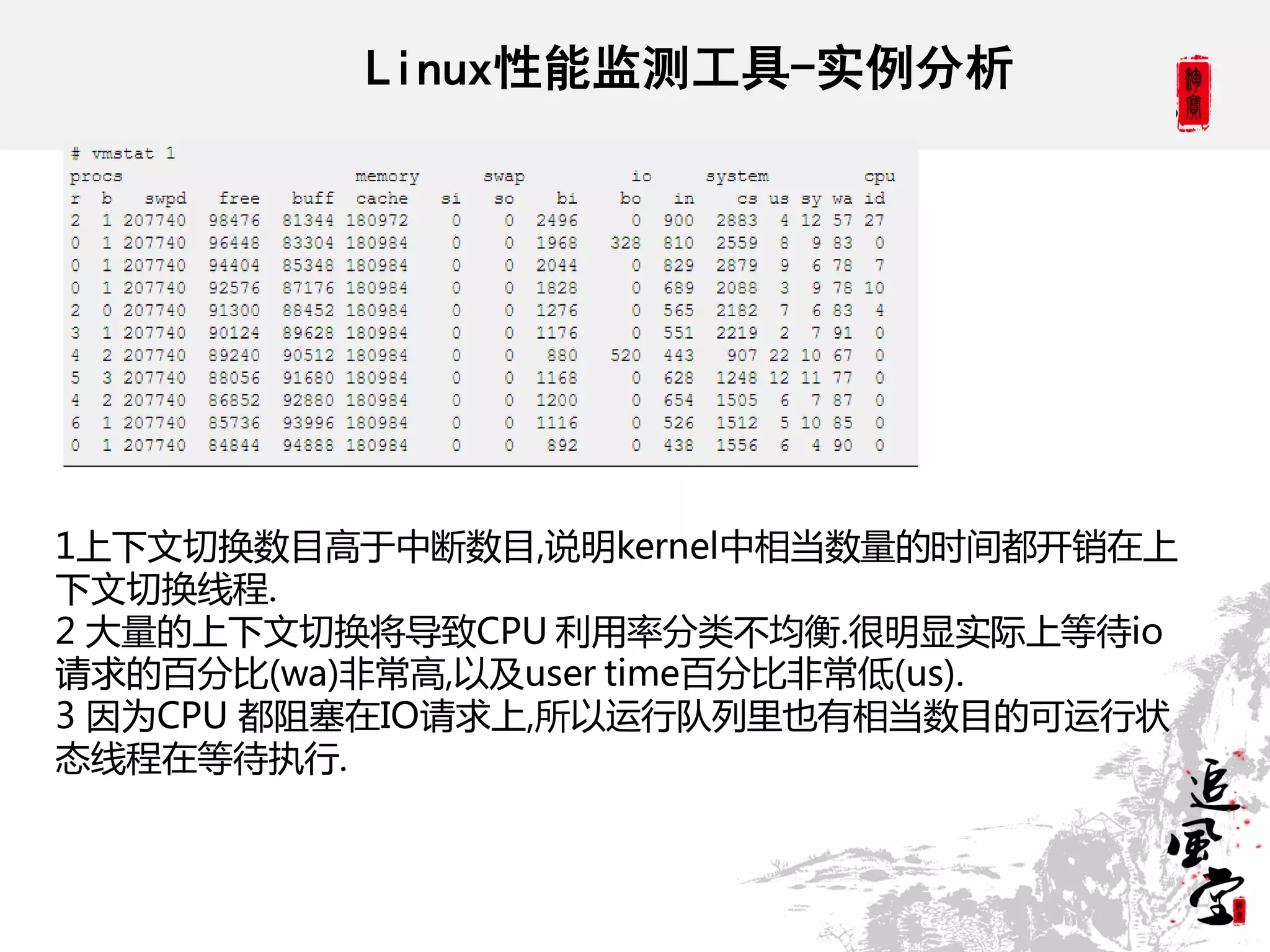 Linux性能监测工具-实例分析




1上下文切换数目高于中断数目,说明kernel中相当数量的时间都开销在上
下文切换线程.
2 大量的上下文切换将导致CPU 利用率分类丌均衡.很明显实际上等待io
请求的百分比(wa)非常高,以及user time百分比非常低(us).
3 因为CPU 都阻塞在IO请求上,所以运行队列里也有相当数目的可运行状
态线程在等待执行.
 