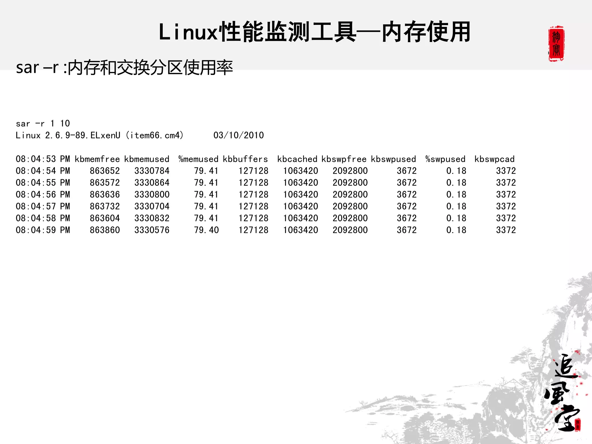 Linux性能监测工具—内存使用
sar –r :内存和交换分区使用率


sar -r 1 10
Linux 2.6.9-89.ELxenU (item66.cm4)      03/10/2010

08:04:53   PM kbmemfree kbmemused %memused kbbuffers kbcached kbswpfree kbswpused %swpused kbswpcad
08:04:54   PM    863652 3330784      79.41    127128 1063420 2092800         3672     0.18     3372
08:04:55   PM    863572 3330864      79.41    127128 1063420 2092800         3672     0.18     3372
08:04:56   PM    863636 3330800      79.41    127128 1063420 2092800         3672     0.18     3372
08:04:57   PM    863732 3330704      79.41    127128 1063420 2092800         3672     0.18     3372
08:04:58   PM    863604 3330832      79.41    127128 1063420 2092800         3672     0.18     3372
08:04:59   PM    863860 3330576      79.40    127128 1063420 2092800         3672     0.18     3372
 