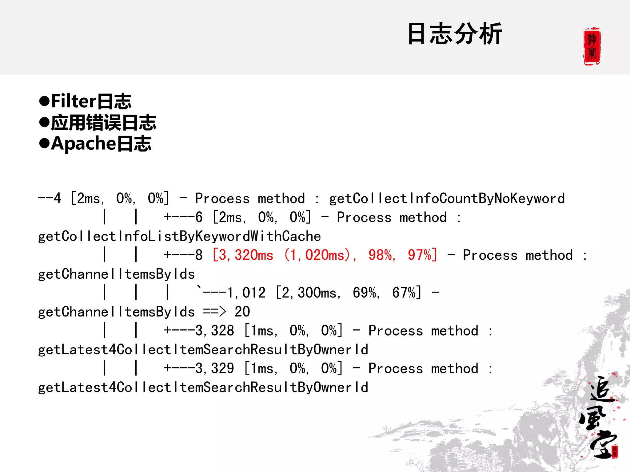 日志分析

Filter日志
应用错误日志
Apache日志


--4 [2ms, 0%, 0%] - Process method : getCollectInfoCountByNoKeyword
        | |     +---6 [2ms, 0%, 0%] - Process method :
getCollectInfoListByKeywordWithCache
        | |     +---8 [3,320ms (1,020ms), 98%, 97%] - Process method :
getChannelItemsByIds
        | |     |   `---1,012 [2,300ms, 69%, 67%] -
getChannelItemsByIds ==> 20
        | | +---3,328 [1ms, 0%, 0%] - Process method :
getLatest4CollectItemSearchResultByOwnerId
        | | +---3,329 [1ms, 0%, 0%] - Process method :
getLatest4CollectItemSearchResultByOwnerId
 