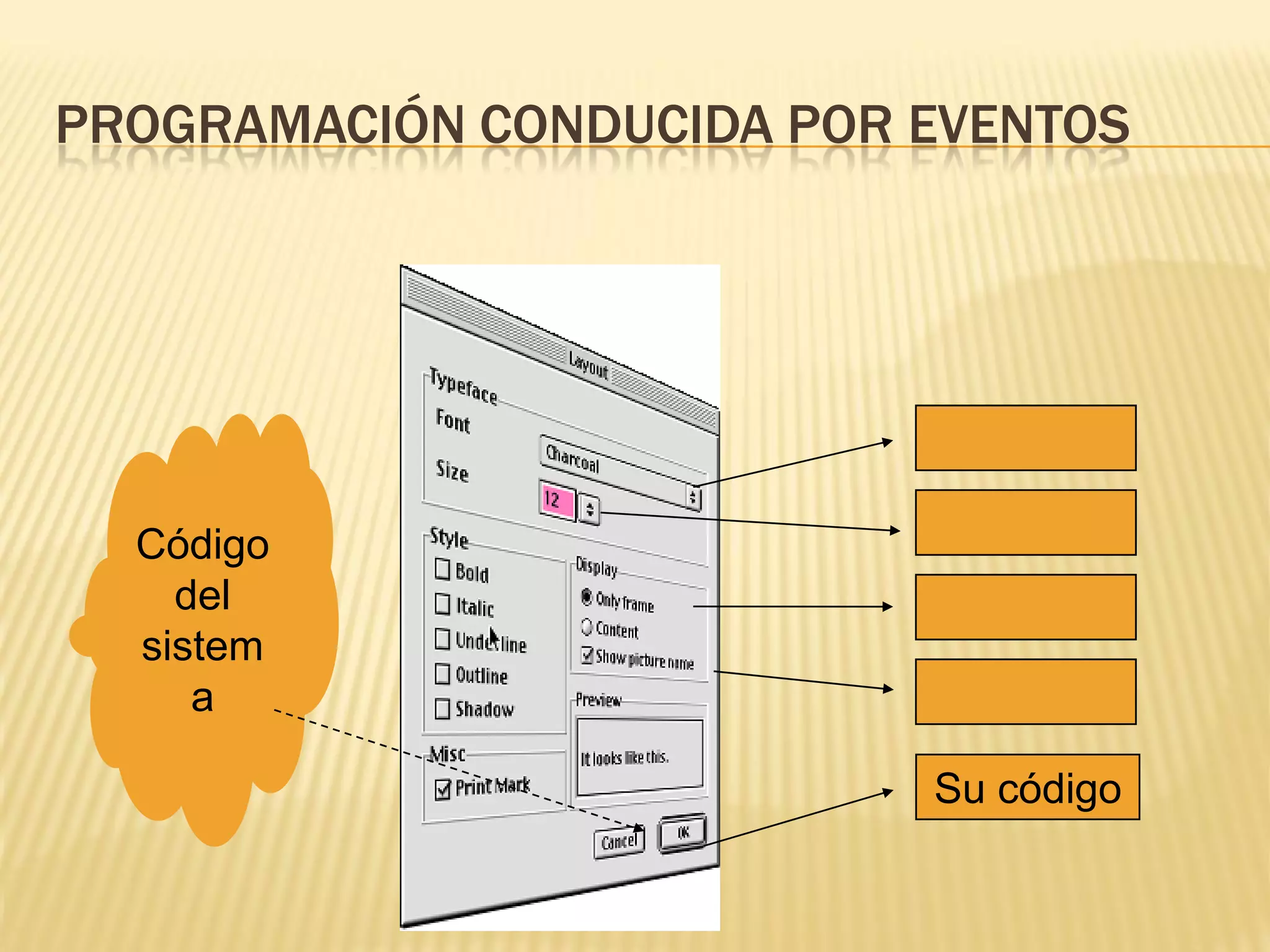 PROGRAMACIÓN CONDUCIDA POR EVENTOS




  Código
    del
  sistem
     a

                           Su código
 