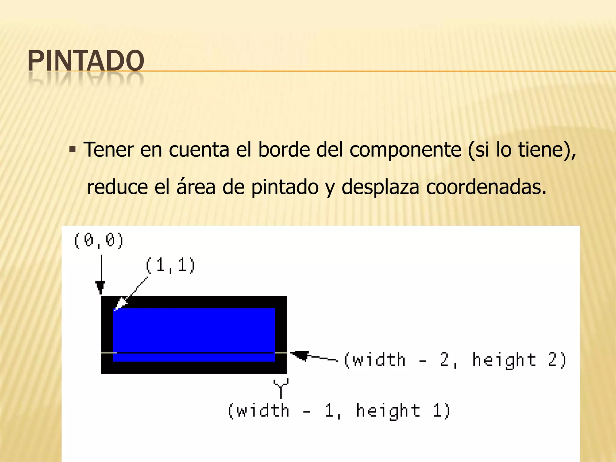 PINTADO

   Tener en cuenta el borde del componente (si lo tiene),
    reduce el área de pintado y desplaza coordenadas.
 