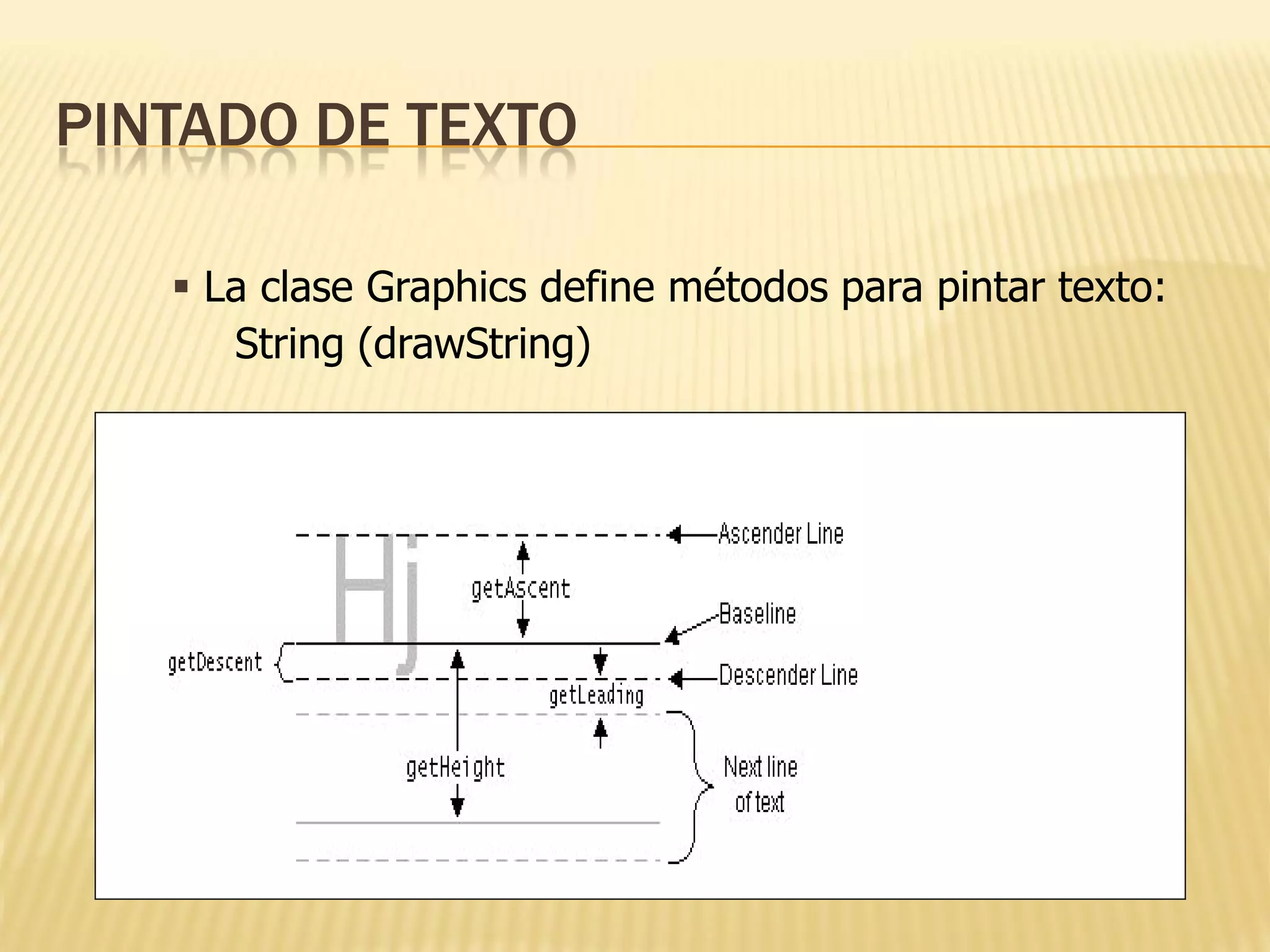 PINTADO DE TEXTO

    La clase Graphics define métodos para pintar texto:
      String (drawString)
 