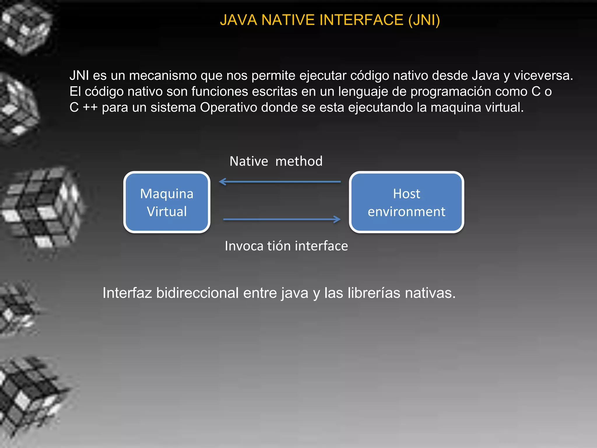 JAVA NATIVE INTERFACE (JNI)


JNI es un mecanismo que nos permite ejecutar código nativo desde Java y viceversa.
El código nativo son funciones escritas en un lenguaje de programación como C o
C ++ para un sistema Operativo donde se esta ejecutando la maquina virtual.



                          Native method

           Maquina                                   Host
            Virtual                              environment

                         Invoca tión interface


     Interfaz bidireccional entre java y las librerías nativas.
 