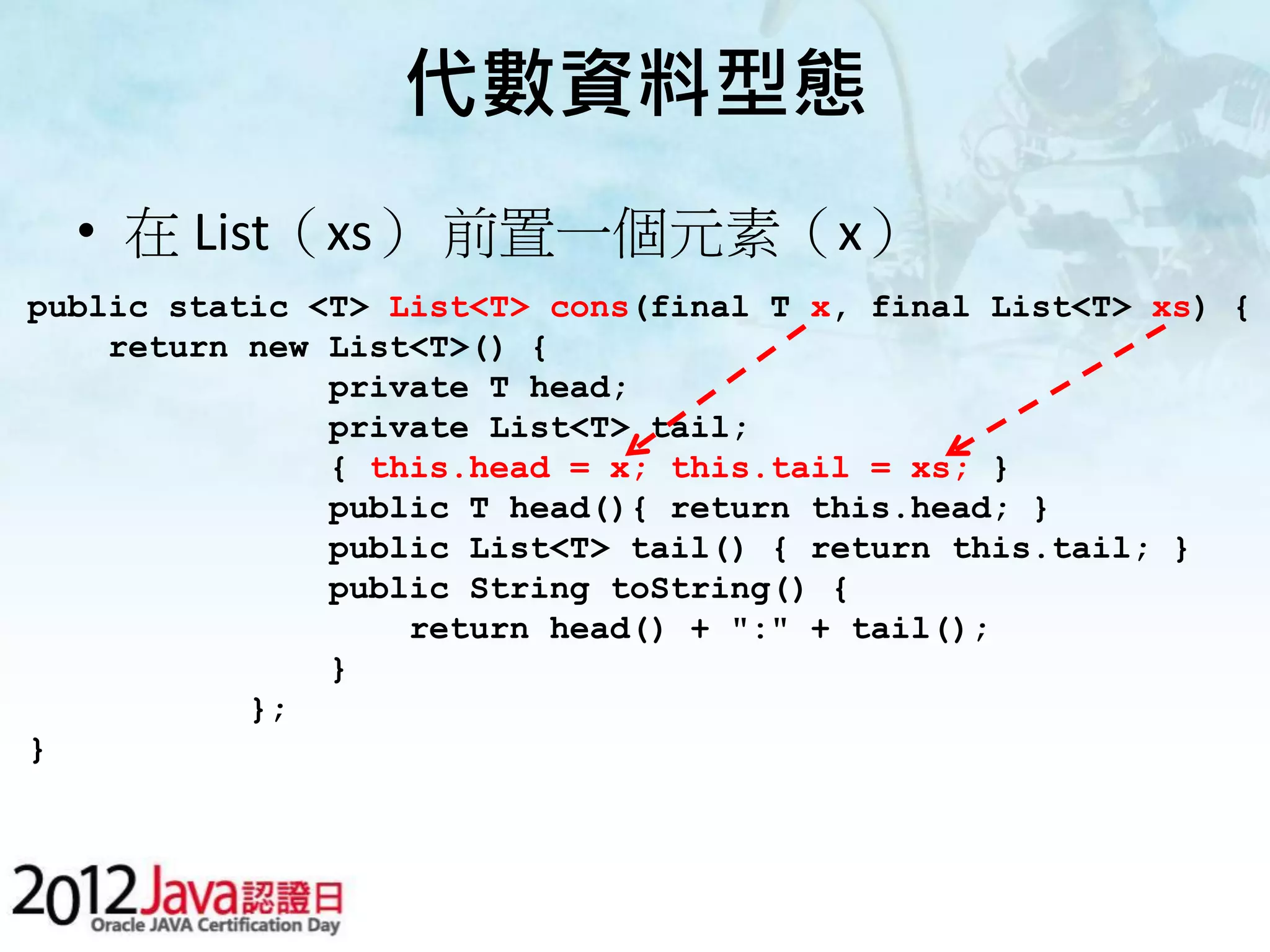 代數資料型態 • 在 List（xs） 前置一個元素（x） public static <T> List<T> cons(final T x, final List<T> xs) { return new List<T>() { private T head; private List<T> tail; { this.head = x; this.tail = xs; } public T head(){ return this.head; } public List<T> tail() { return this.tail; } public String toString() { return head() + ":" + tail(); } }; } 