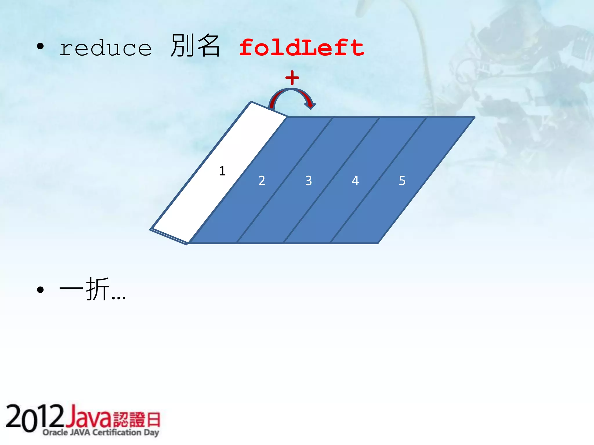 • reduce 別名 foldLeft + 1 2 3 4 5 • 一折… 