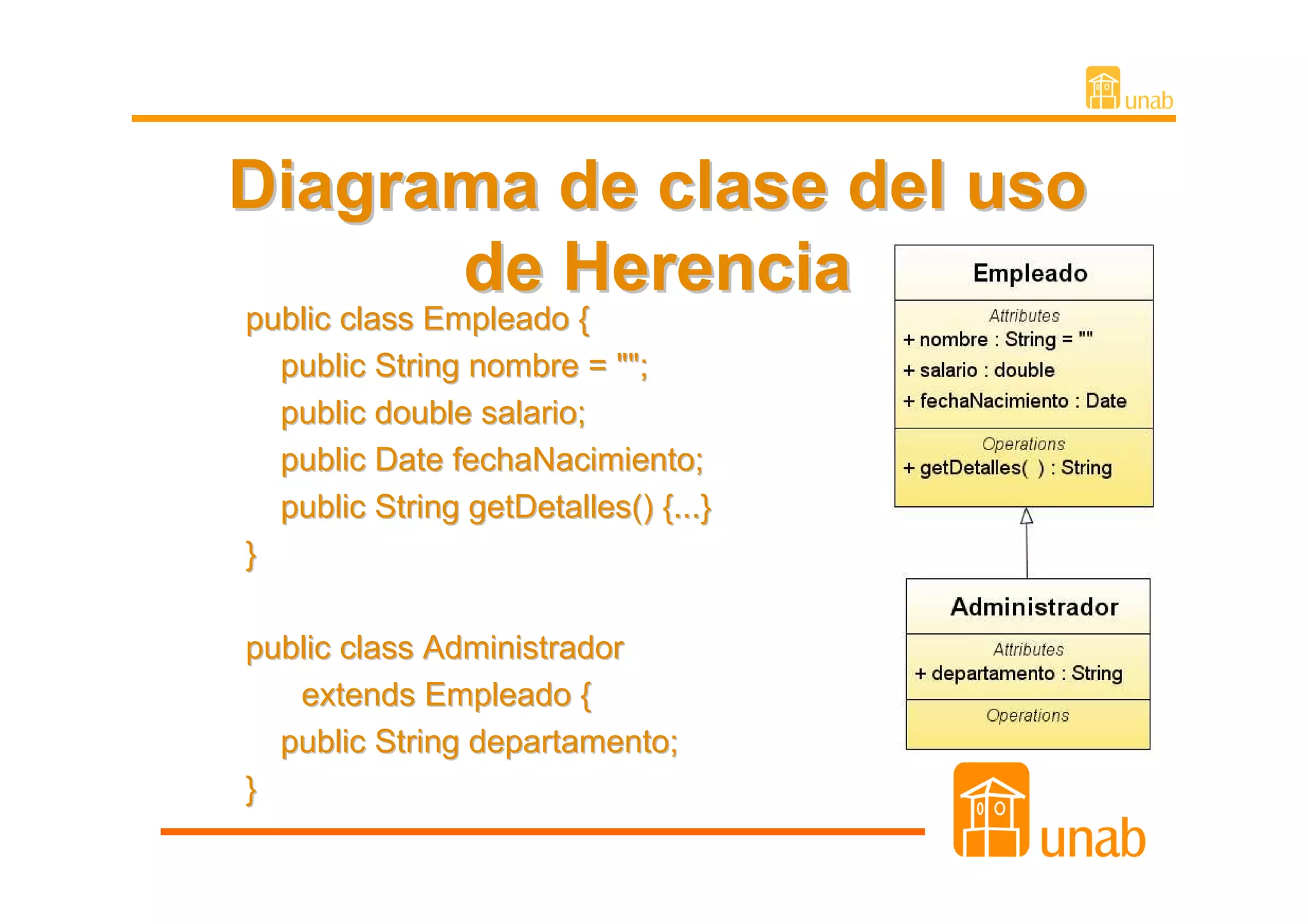 Diagrama de clase del uso
      de Herencia
public class Empleado {
  public String nombre = "";
  public double salario;
  public Date fechaNacimiento;
  public String getDetalles() {...}
}

public class Administrador
   extends Empleado {
  public String departamento;
}
 