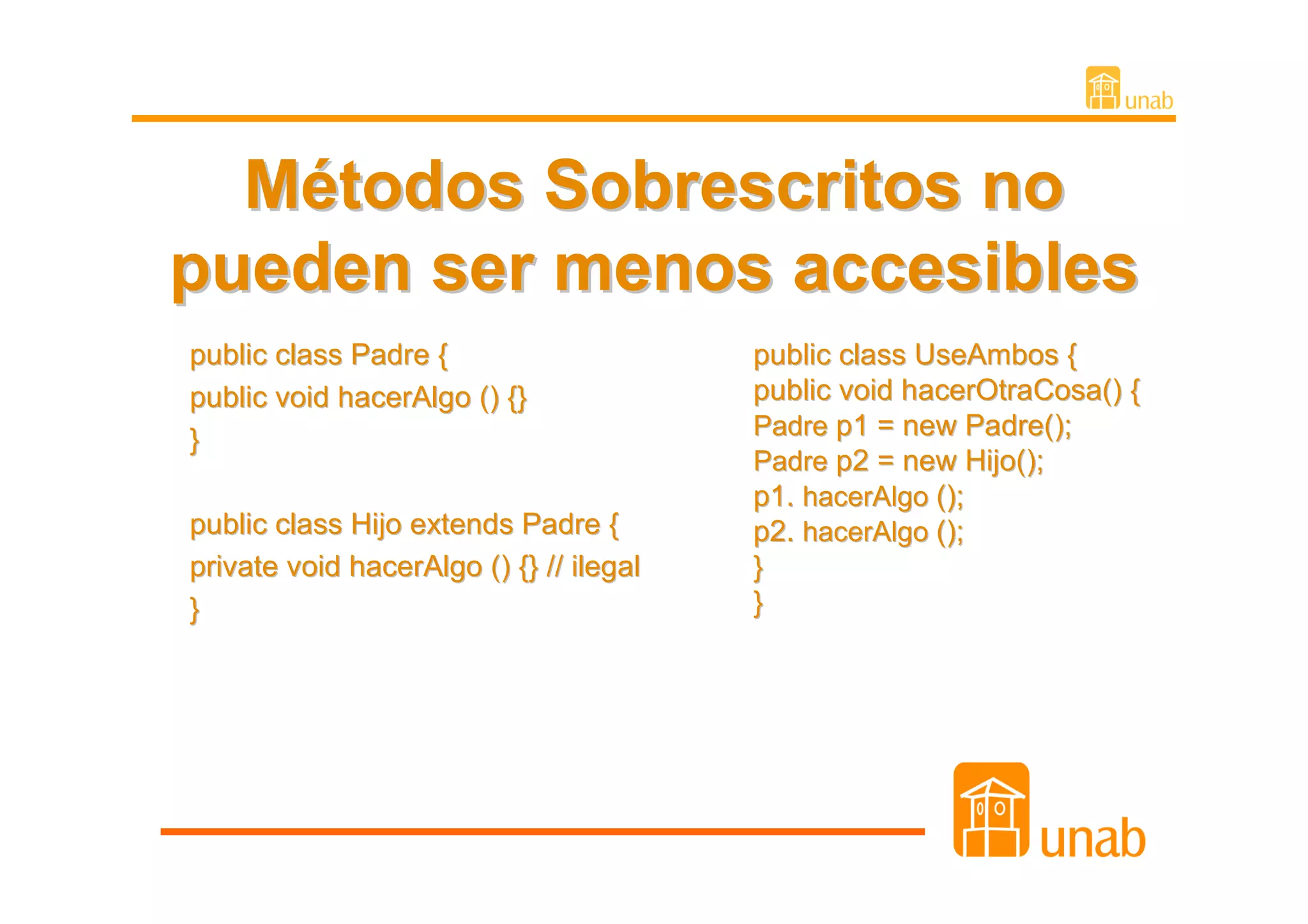 Métodos Sobrescritos no
pueden ser menos accesibles
public class Padre {                     public class UseAmbos {
public void hacerAlgo () {}              public void hacerOtraCosa() {
}                                        Padre p1 = new Padre();
                                         Padre p2 = new Hijo();
                                         p1. hacerAlgo ();
public class Hijo extends Padre {        p2. hacerAlgo ();
private void hacerAlgo () {} // ilegal   }
}                                        }
 
