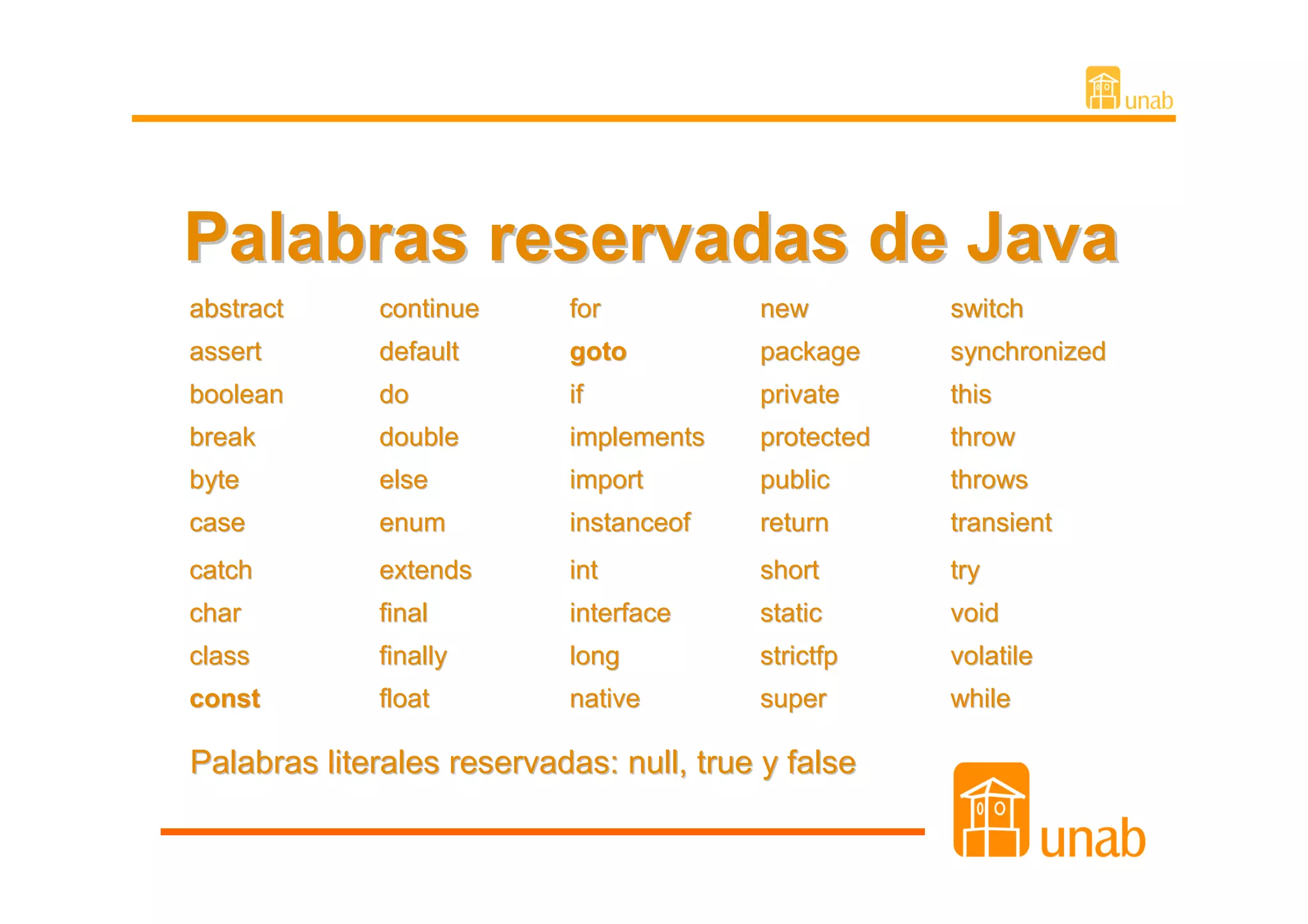 Palabras reservadas de Java
abstract     continue      for           new         switch
assert       default       goto          package     synchronized
boolean      do            if            private     this
break        double        implements    protected   throw
byte         else          import        public      throws
case         enum          instanceof    return      transient
catch        extends       int           short       try
char         final         interface     static      void
class        finally       long          strictfp    volatile
const        float         native        super       while

Palabras literales reservadas: null, true y false
 