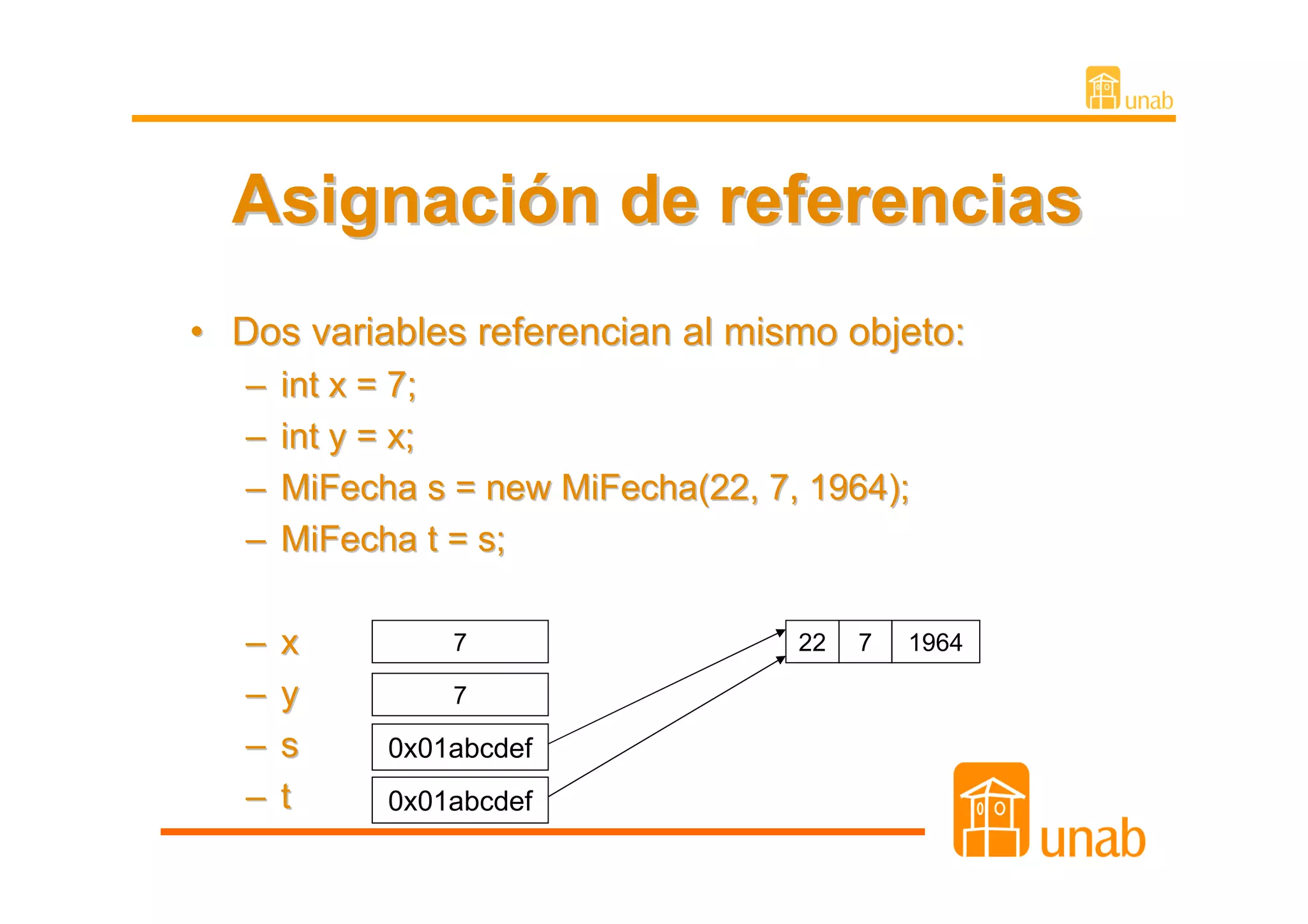 Asignación de referencias
• Dos variables referencian al mismo objeto:
   –   int x = 7;
   –   int y = x;
   –   MiFecha s = new MiFecha(22, 7, 1964);
   –   MiFecha t = s;

   –   x         7                   22   7   1964

   –   y         7

   –   s     0x01abcdef
   –   t     0x01abcdef
 