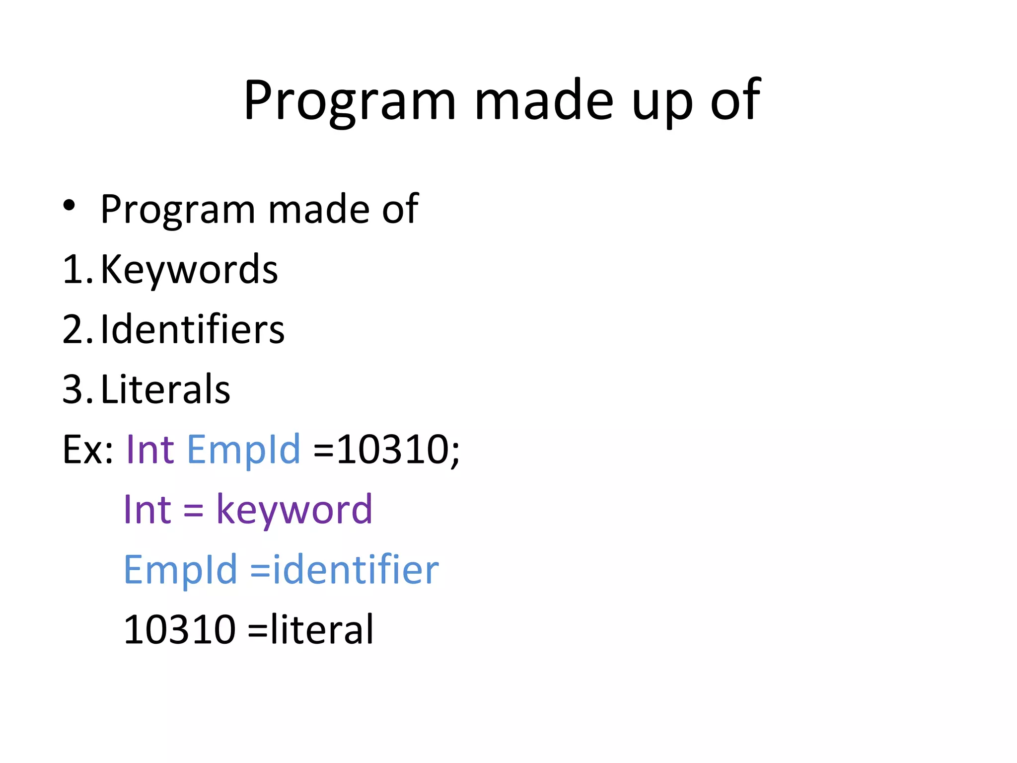 Program made up of
• Program made of
1.Keywords
2.Identifiers
3.Literals
Ex: Int EmpId =10310;
Int = keyword
EmpId =identifier
10310 =literal

 