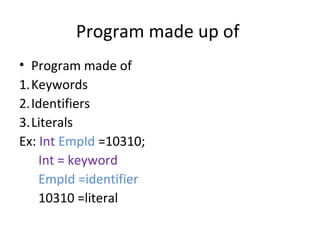 Program made up of
• Program made of
1.Keywords
2.Identifiers
3.Literals
Ex: Int EmpId =10310;
Int = keyword
EmpId =identifier
10310 =literal

 