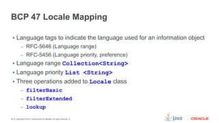 BCP 47 Locale Mapping
 Language tags to indicate the language used for an information object
– RFC-5646 (Language range)
– RFC-5456 (Language priority, preference)

 Language range Collection<String>

 Language priority List <String>
 Three operations added to Locale class
– filterBasic

– filterExtended
– lookup
26

Copyright © 2012, Oracle and/or its affiliates. All rights reserved.

 